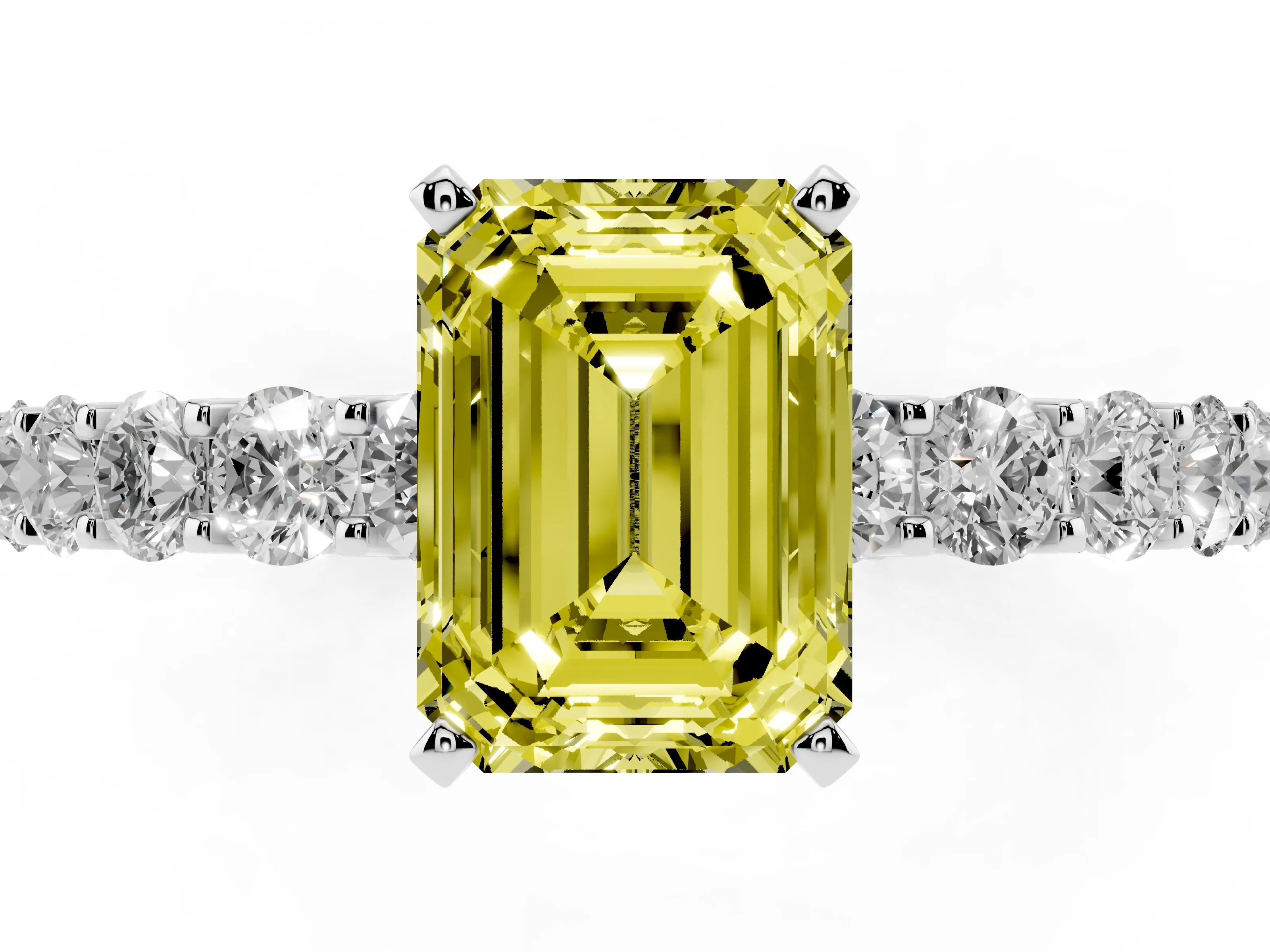 Fancy Yellow Emerald Cut Diamond Solitaire Ring Set in Silver with Shared Prong Pavé Band
