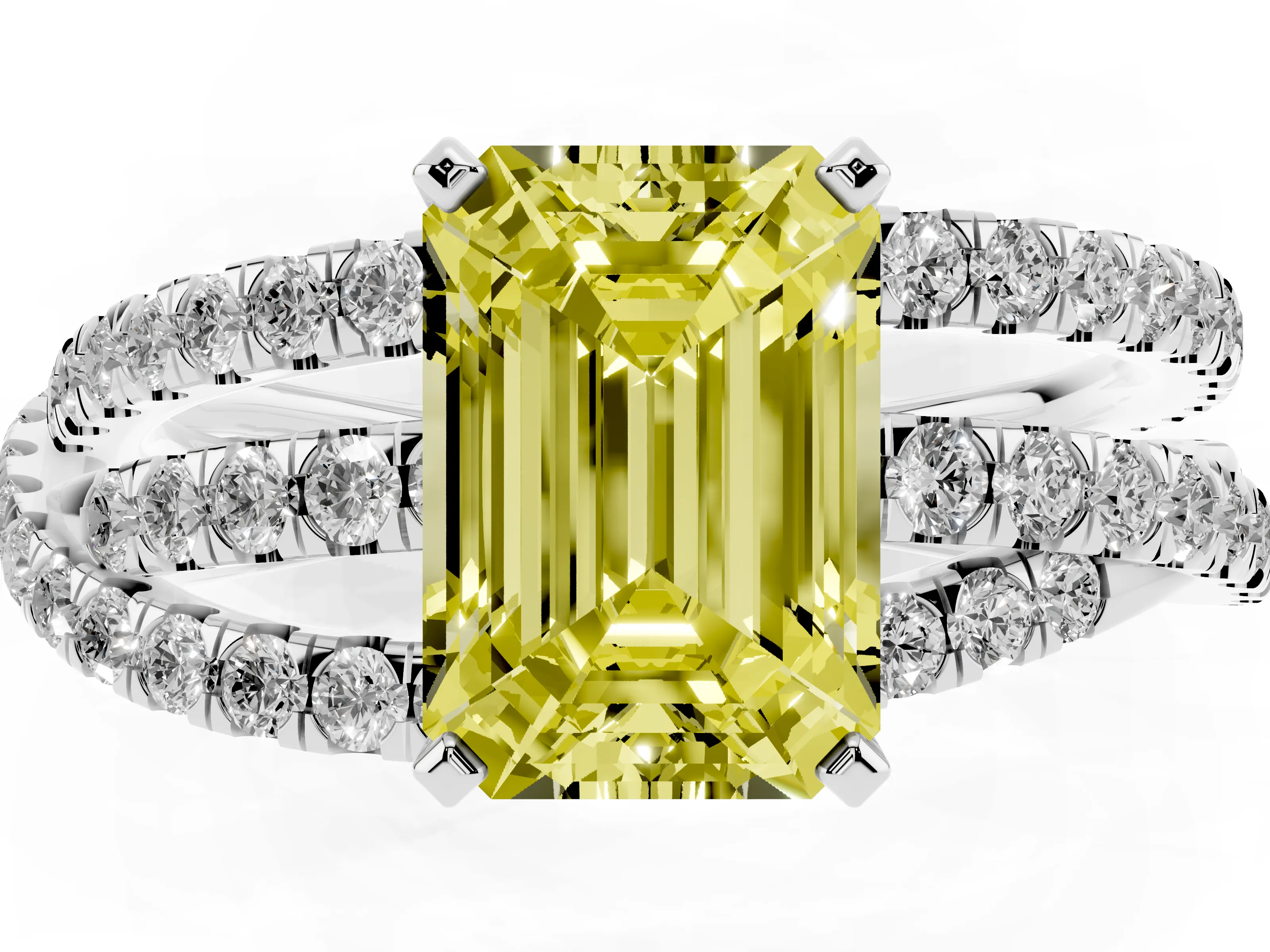 Fancy Yellow Emerald Cut Diamond Solitaire Twist Band Ring Set in Silver with Pavé Setting and Prong Head