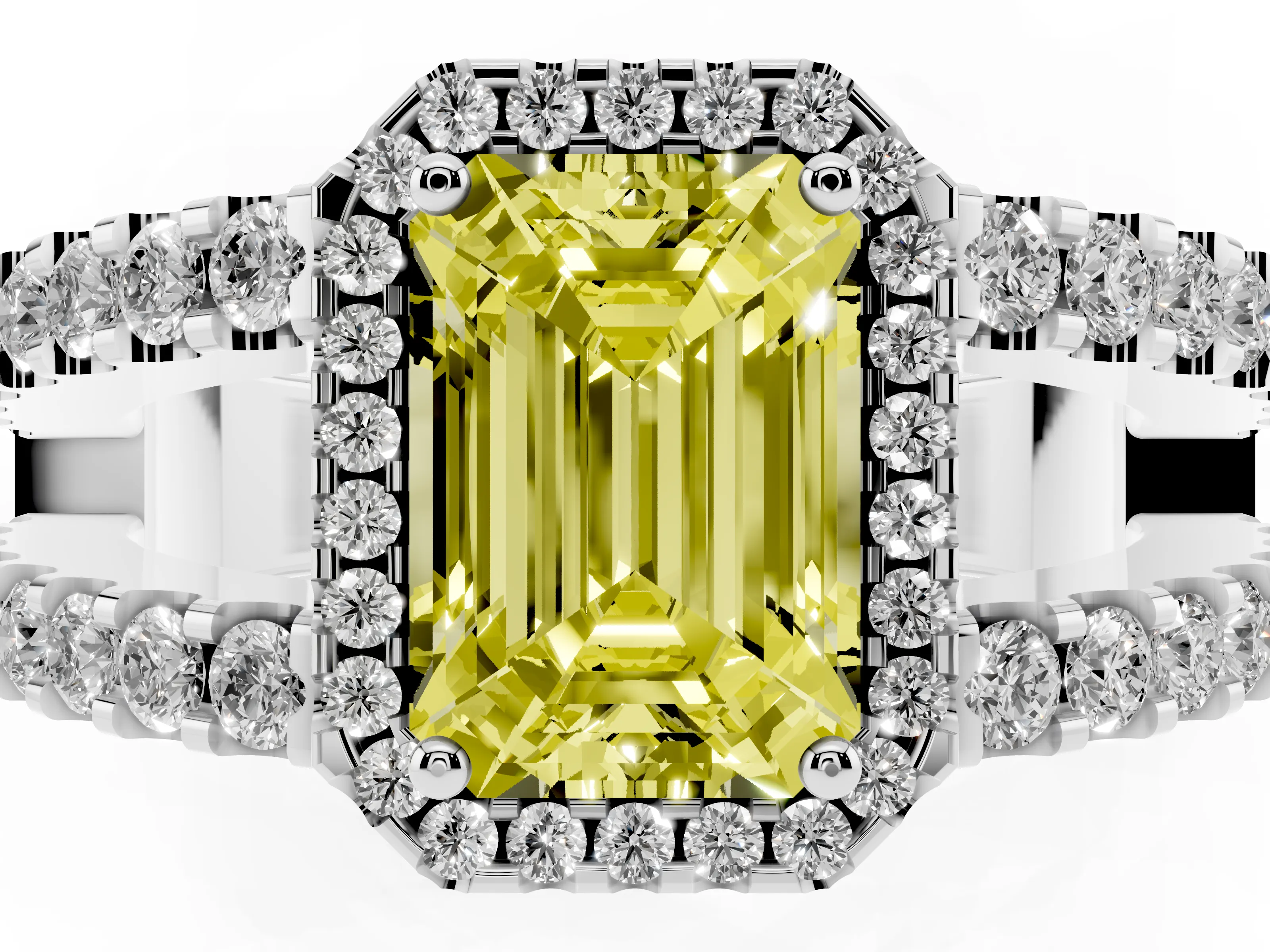 Fancy Yellow Emerald Cut Diamond Halo Ring Set in Platinum with Pavé Split Shank and Prong Setting