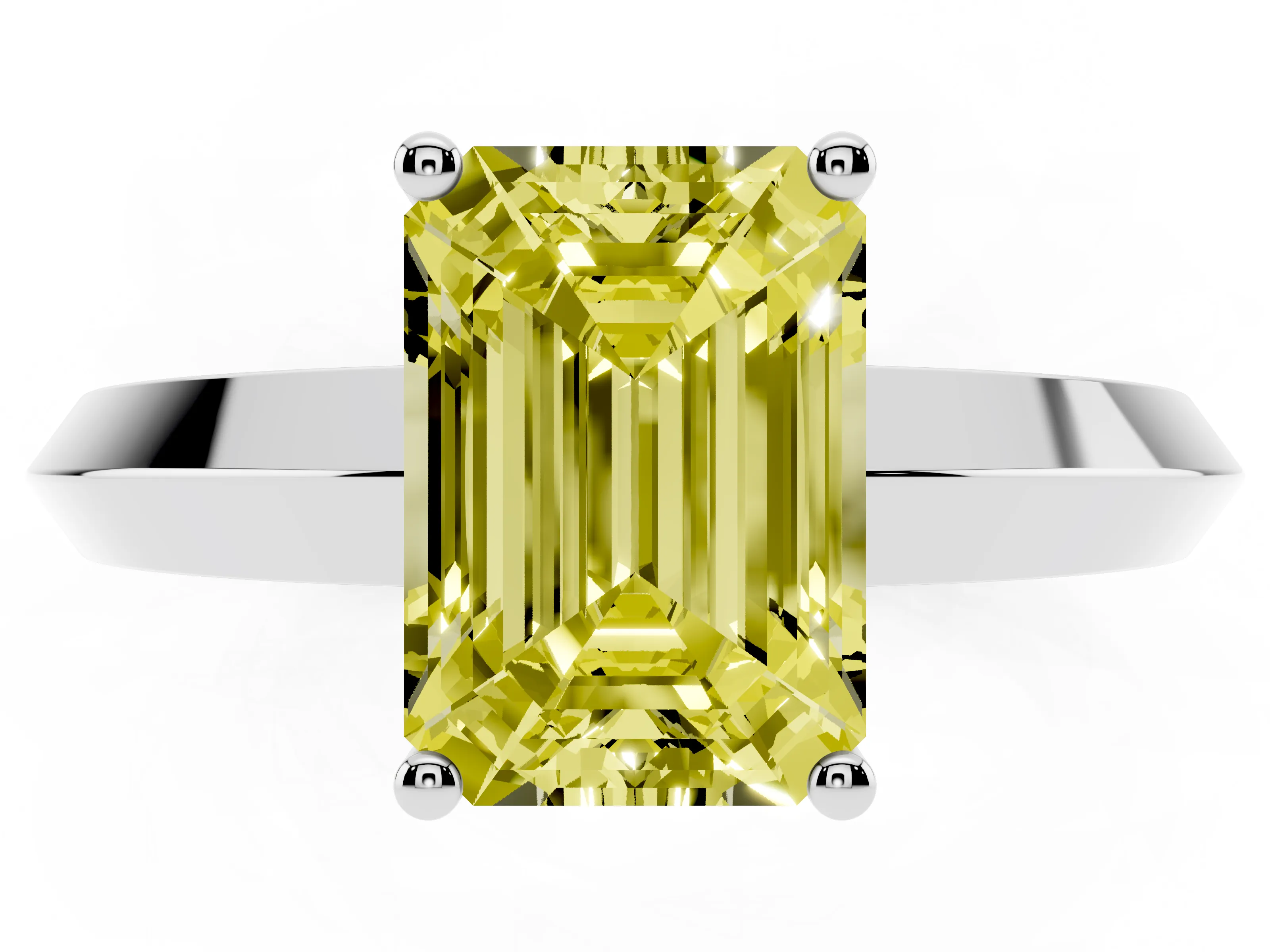 Fancy Yellow Emerald Cut Diamond Solitaire Engagement Ring Set in Platinum with Flat Band and Prong Setting