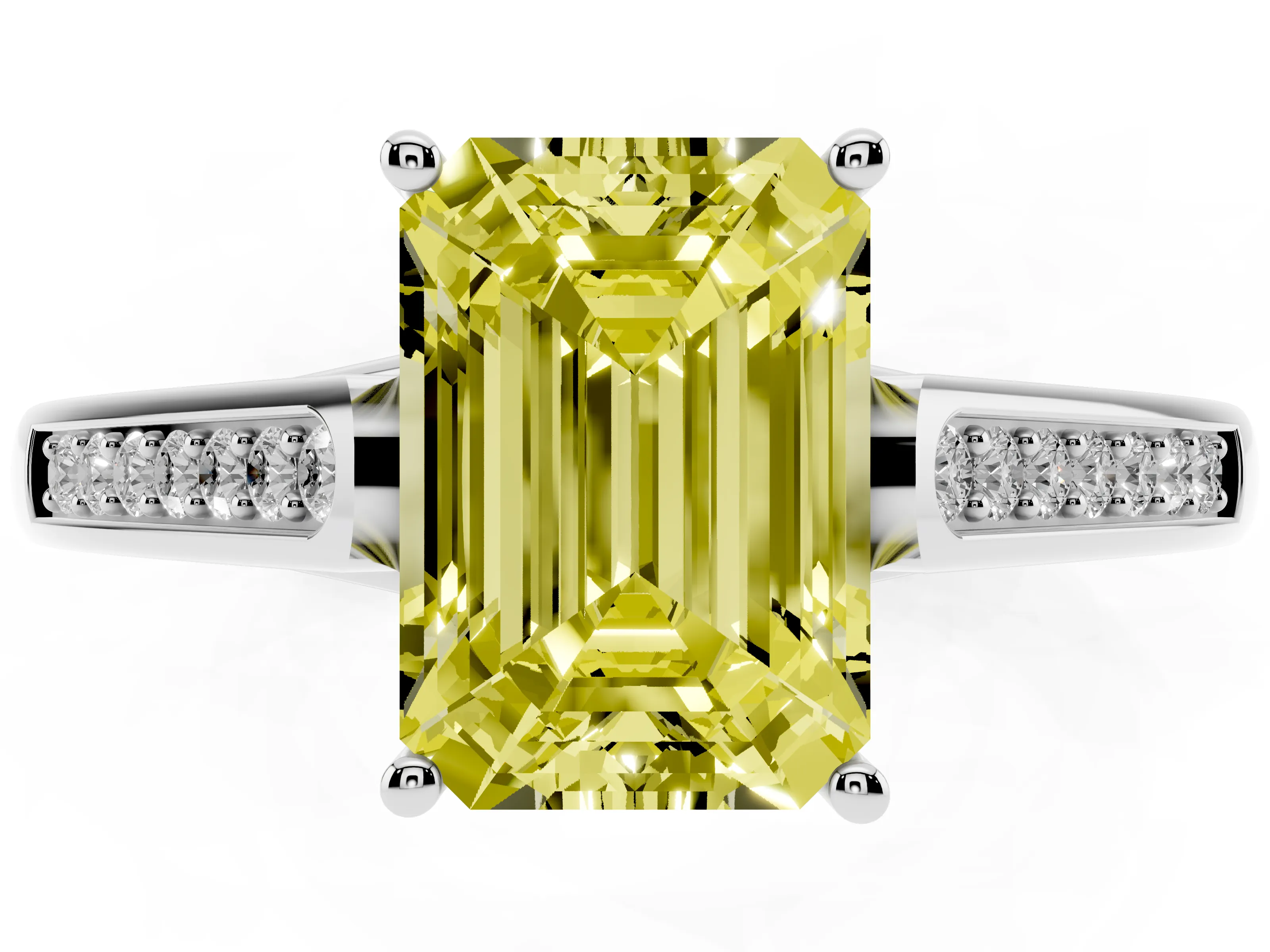 Fancy Yellow Emerald Cut Diamond Solitaire Cathedral Engagement Ring Set in Silver with Channel-Set Band and Prong Setting