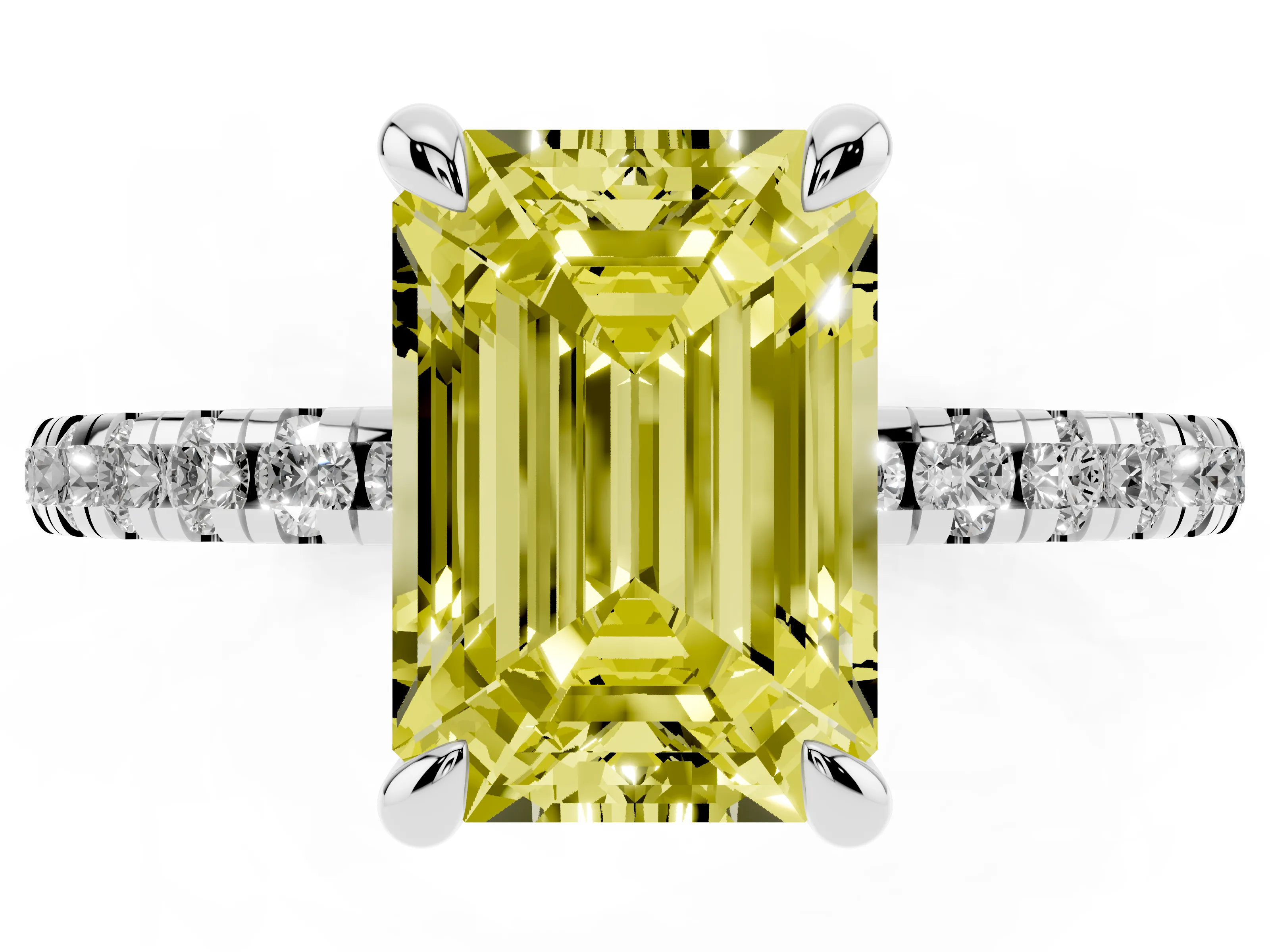 Fancy Yellow Emerald Cut Diamond Brilliant Solitaire Ring Set in White gold with Pavé Band and Prong Setting