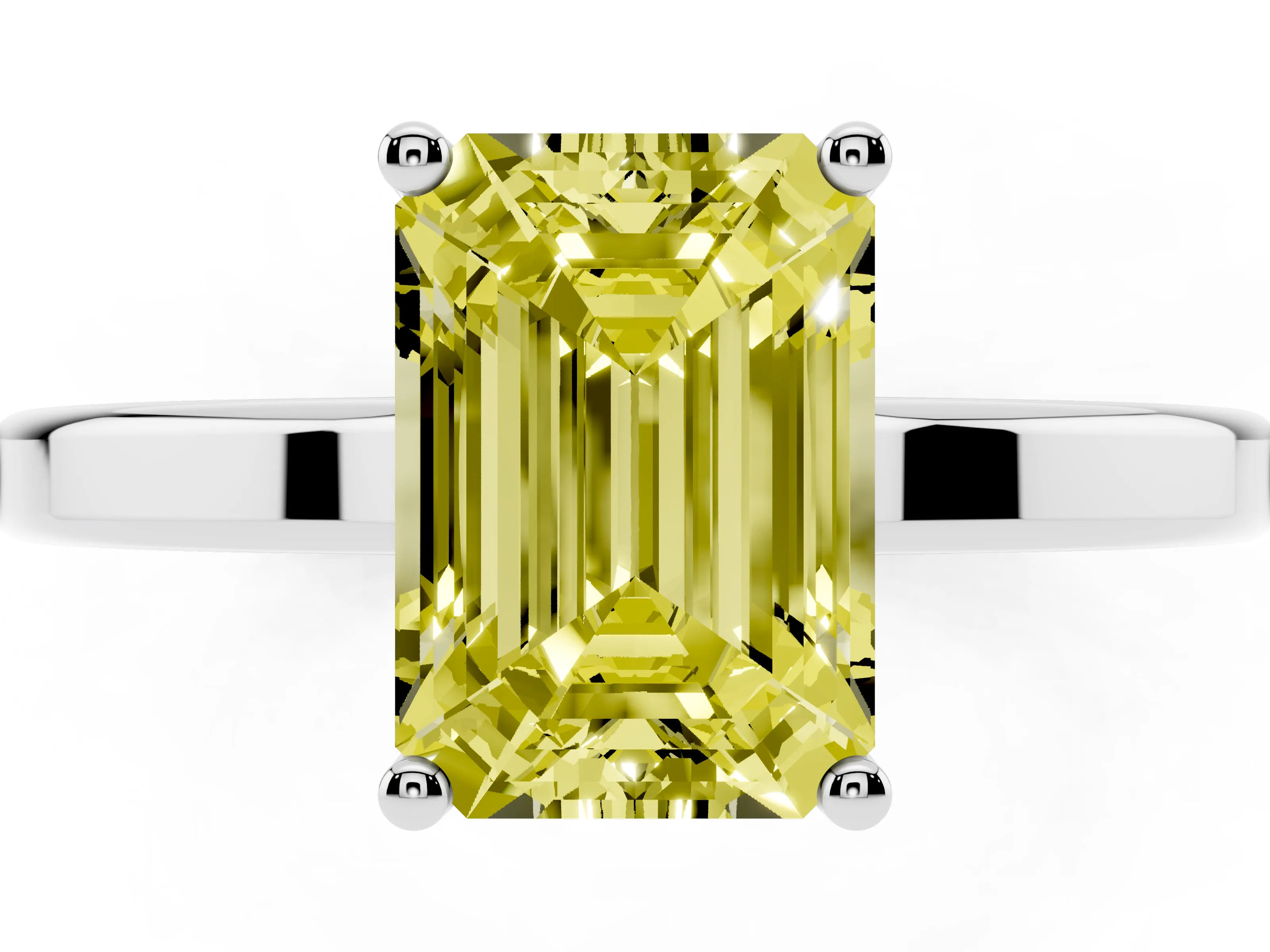 Fancy Yellow Emerald Cut Diamond Solitaire Engagement Ring Set in Platinum with Prong Setting on a Plain Band