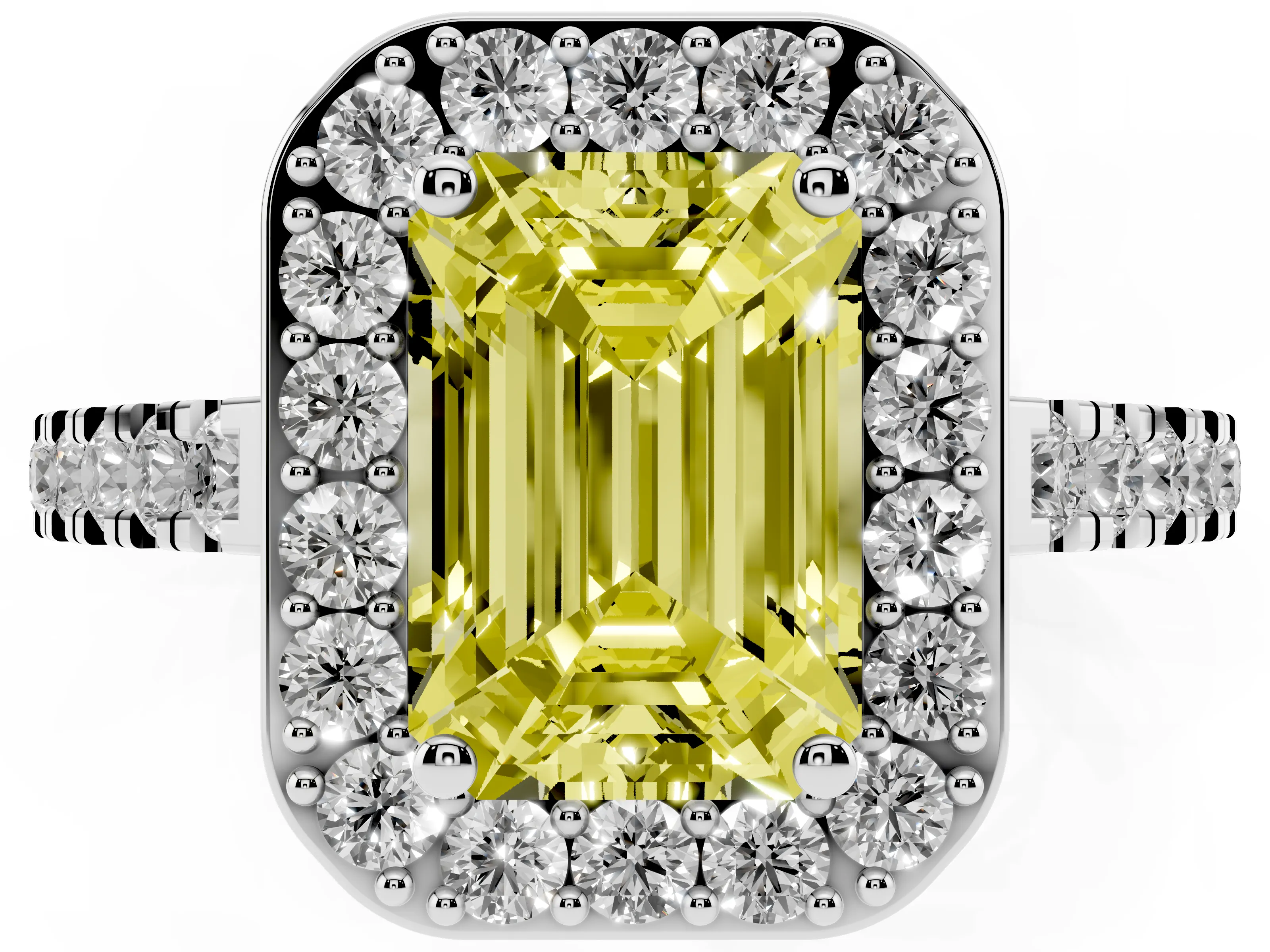Fancy Yellow Emerald Cut Diamond Halo Ring Set in Silver with Round Pavé Split Shank and Prong Setting