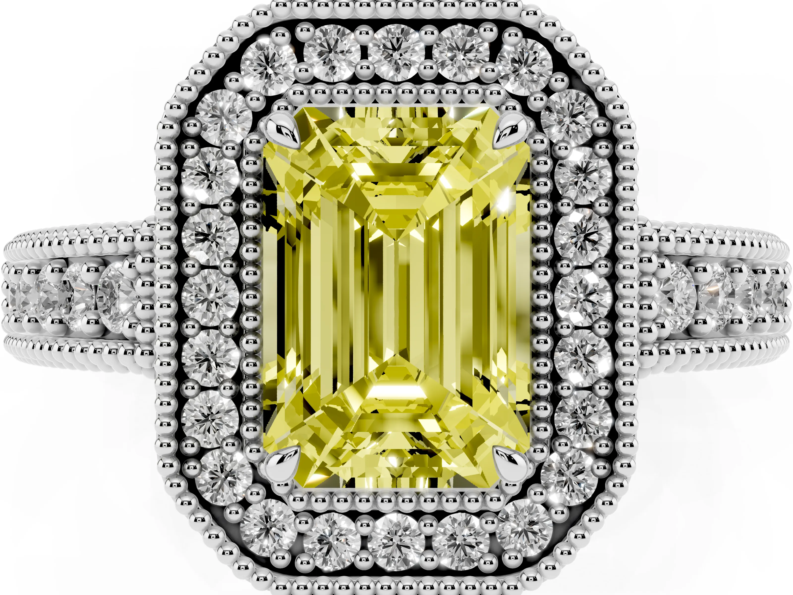 Fancy Yellow Emerald Cut Diamond Halo Ring Set in Silver with Round Accent Halo, Pavé Band and Prong Setting