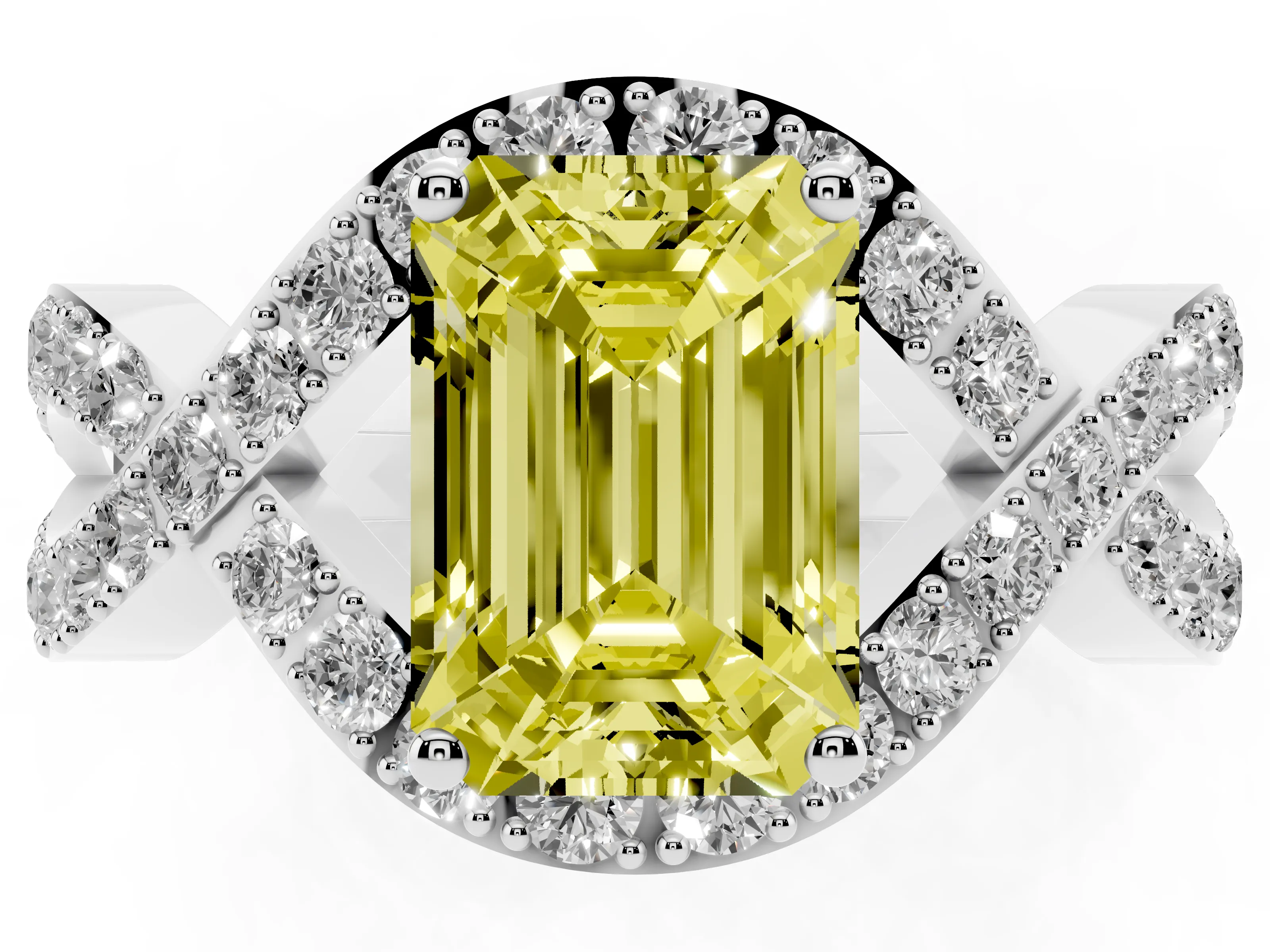 Fancy Yellow Emerald Cut Diamond Solitaire Twist Band Pavé Engagement Ring Set in Platinum