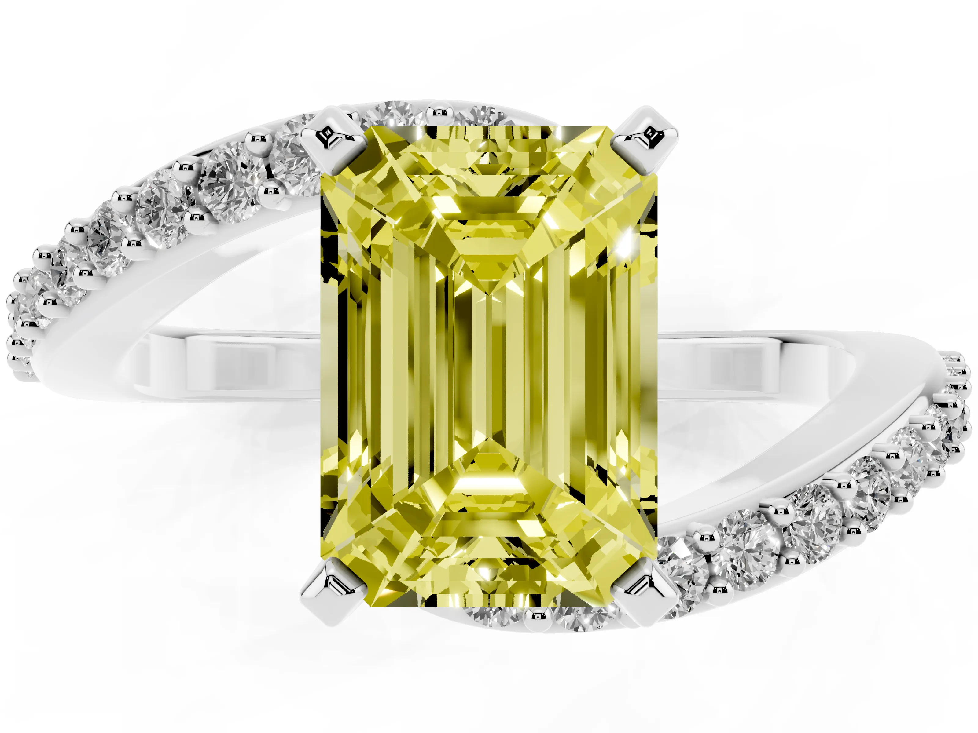 Fancy Yellow Emerald Cut Diamond Solitaire Ring Set in Platinum with Pavé Twist Band and Prong Setting