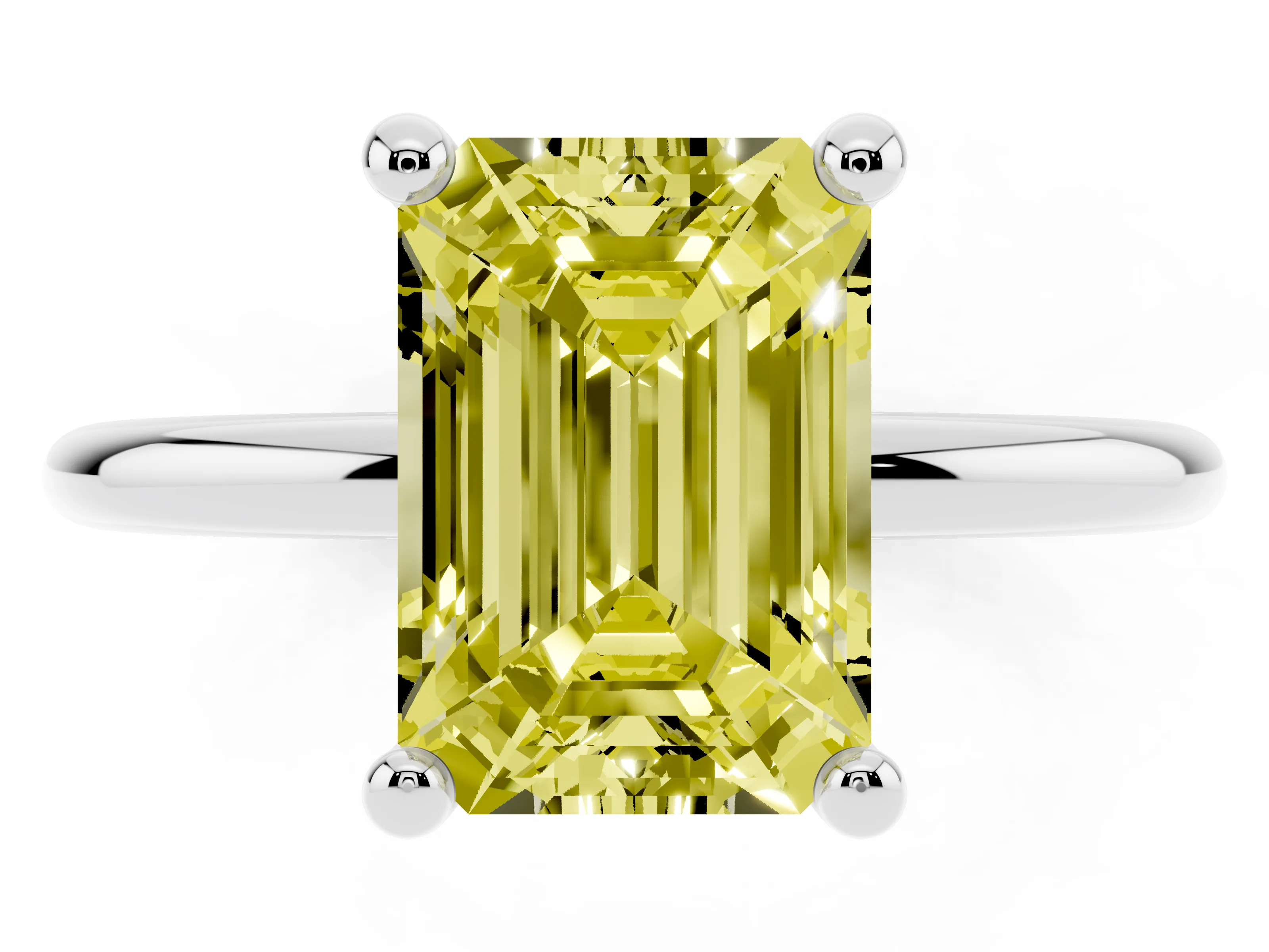 Fancy Yellow Emerald Cut Diamond Solitaire Ring Set in White gold with Secure Prong Setting on a Classic Band