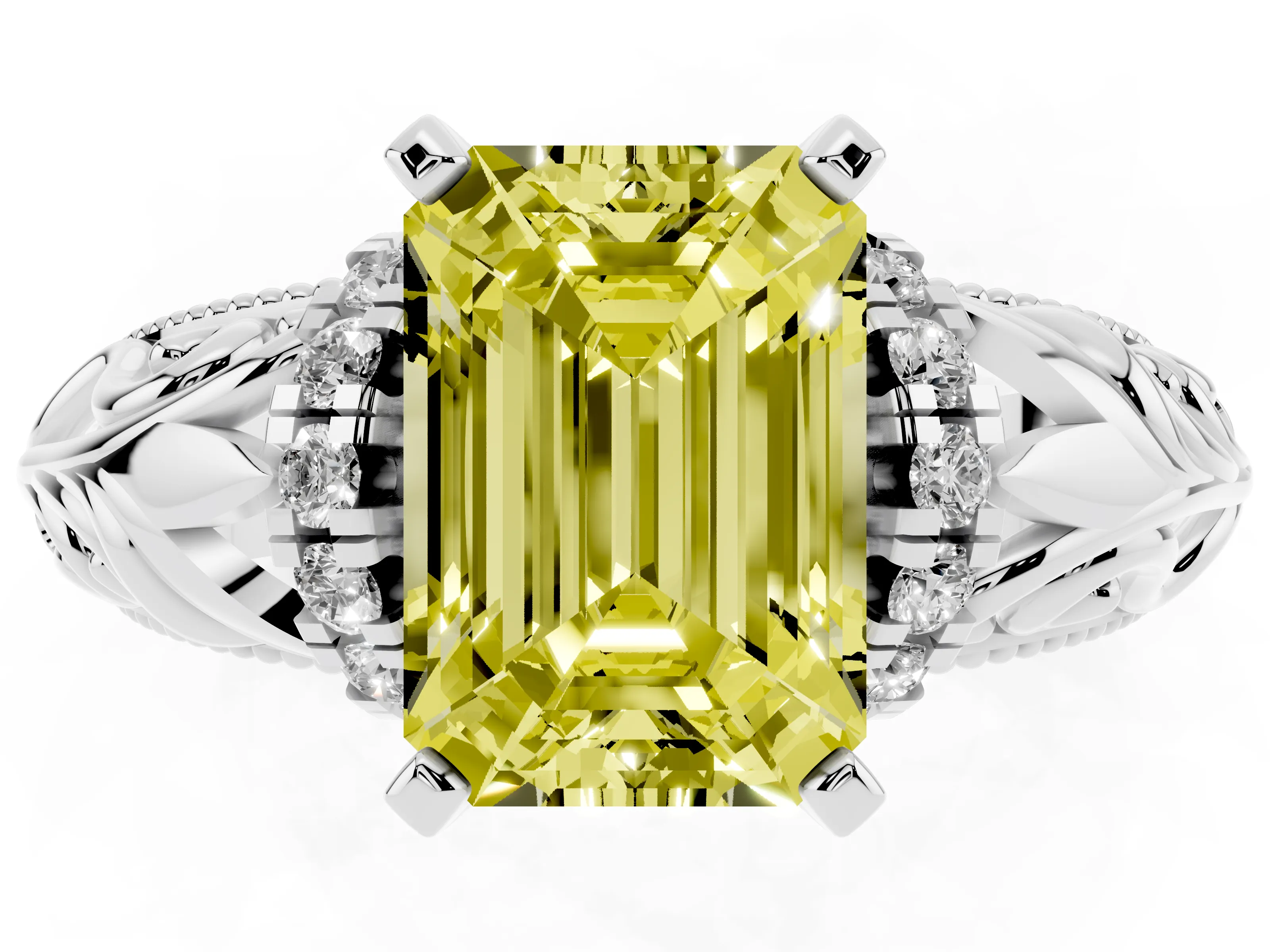 Fancy Yellow Emerald Cut Diamond Filigree Halo Engagement Ring Set in White gold with Prong Setting
