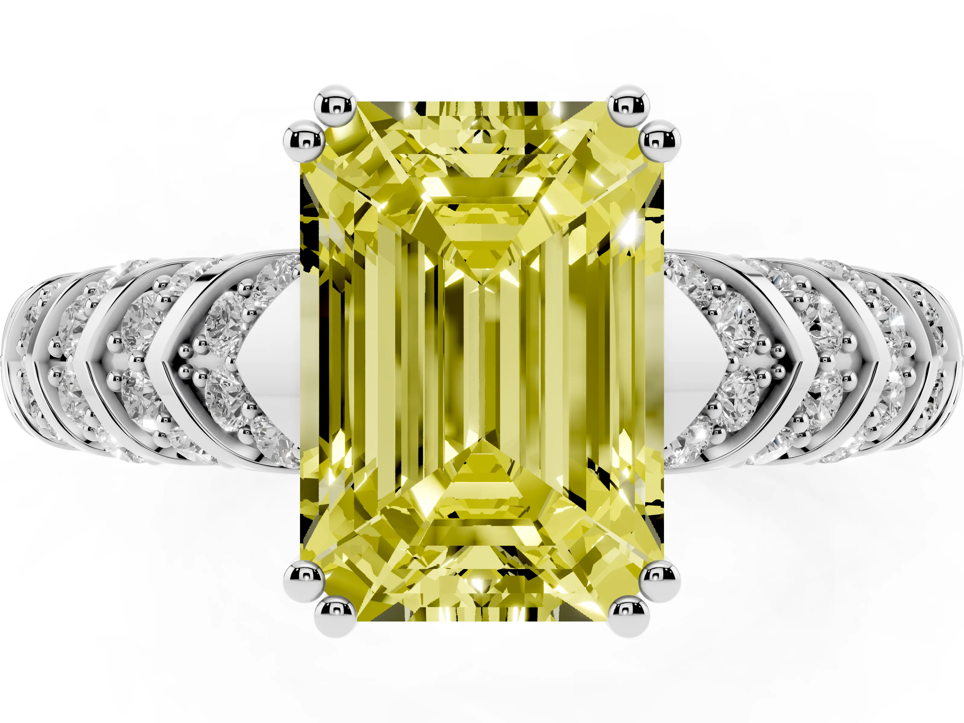 Fancy Yellow Emerald Cut Diamond Solitaire Chevron Pavé Engagement Ring Set in White gold with Prong Setting