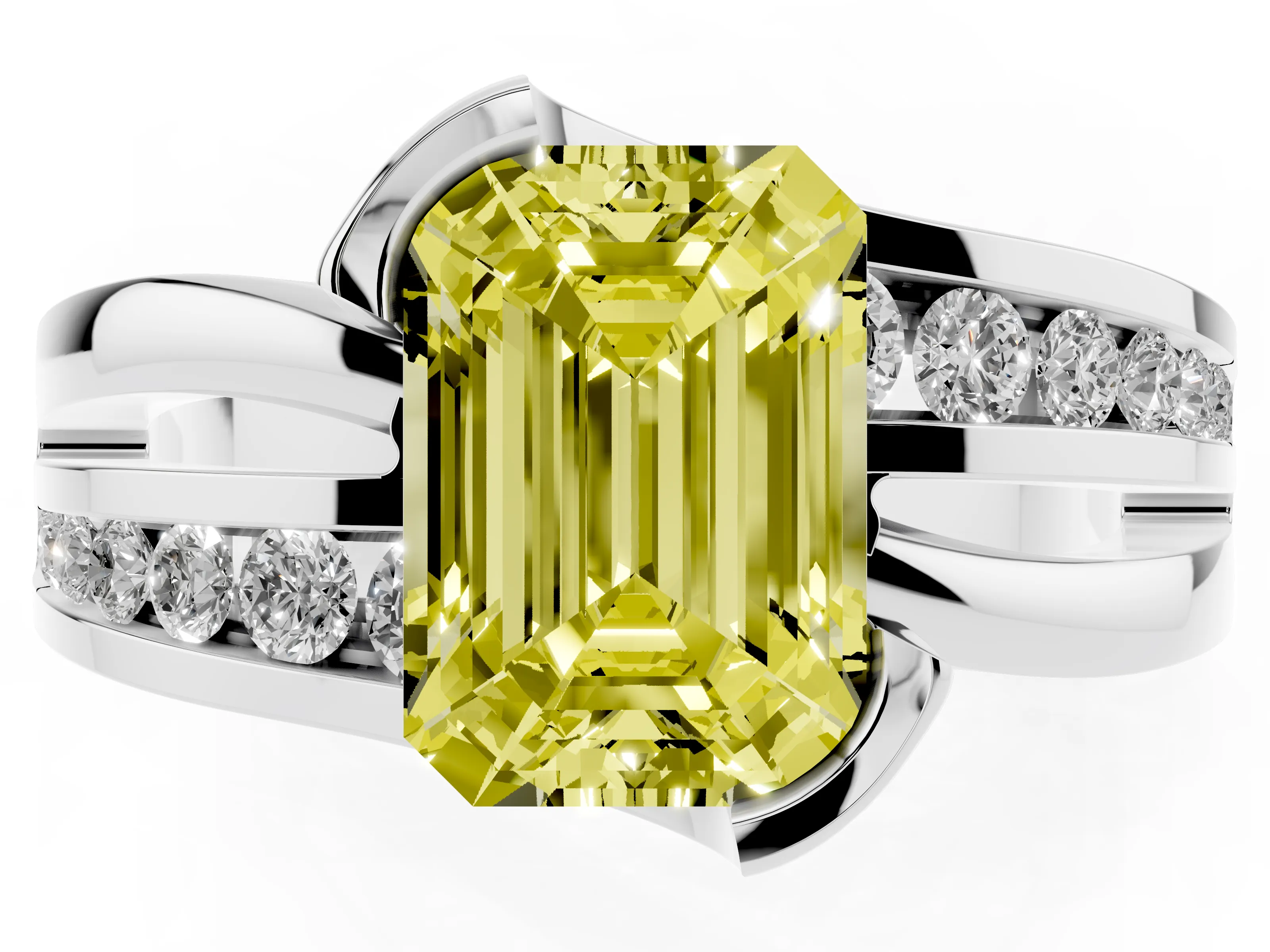Fancy Yellow Emerald Cut Diamond Solitaire Ring Set in Silver with Channel Set Split Shank and Tension Prongs