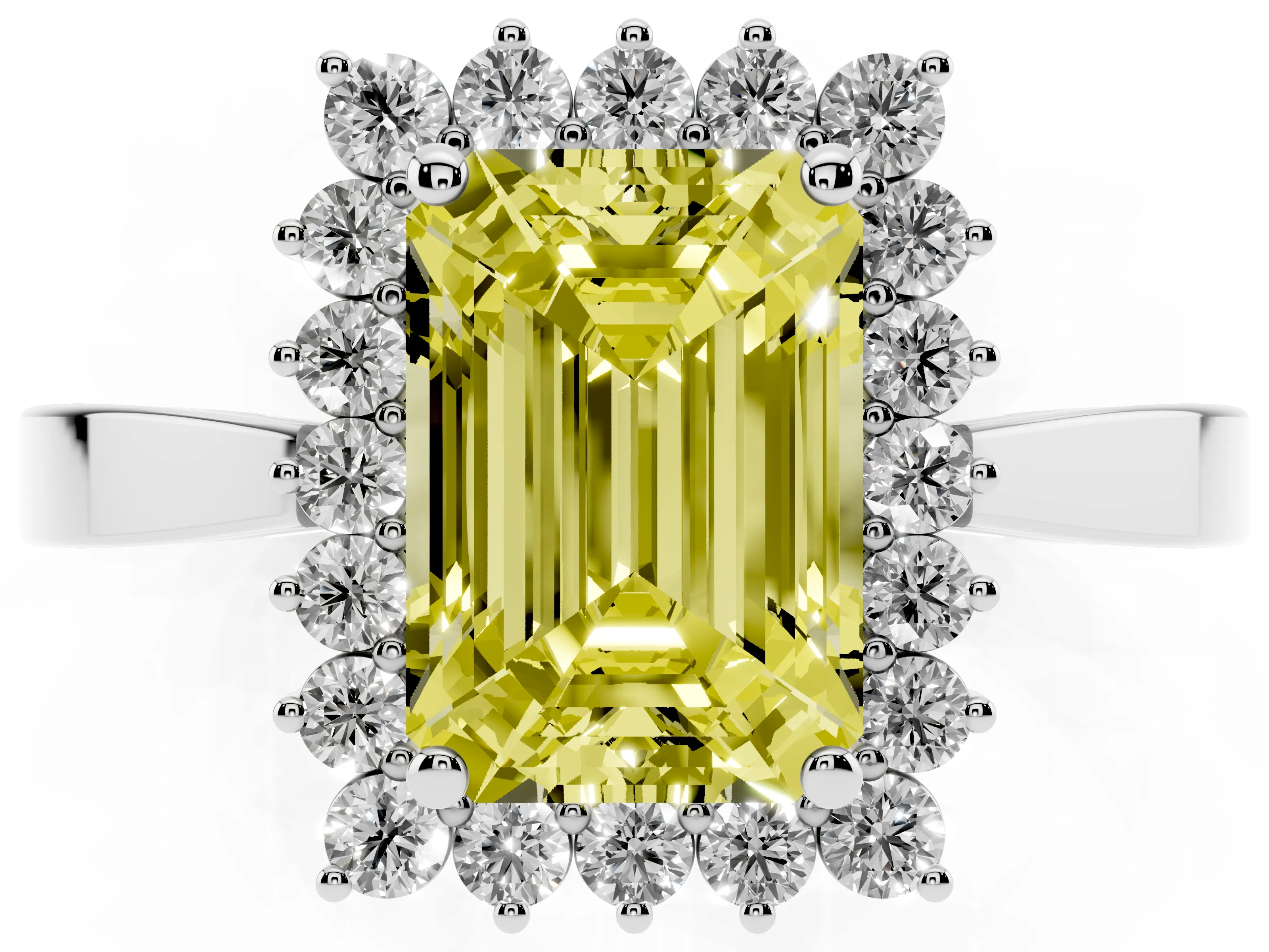 Fancy Yellow Emerald Cut Diamond Halo Ring Set in White gold with Round Halo and Smooth Solitaire Band