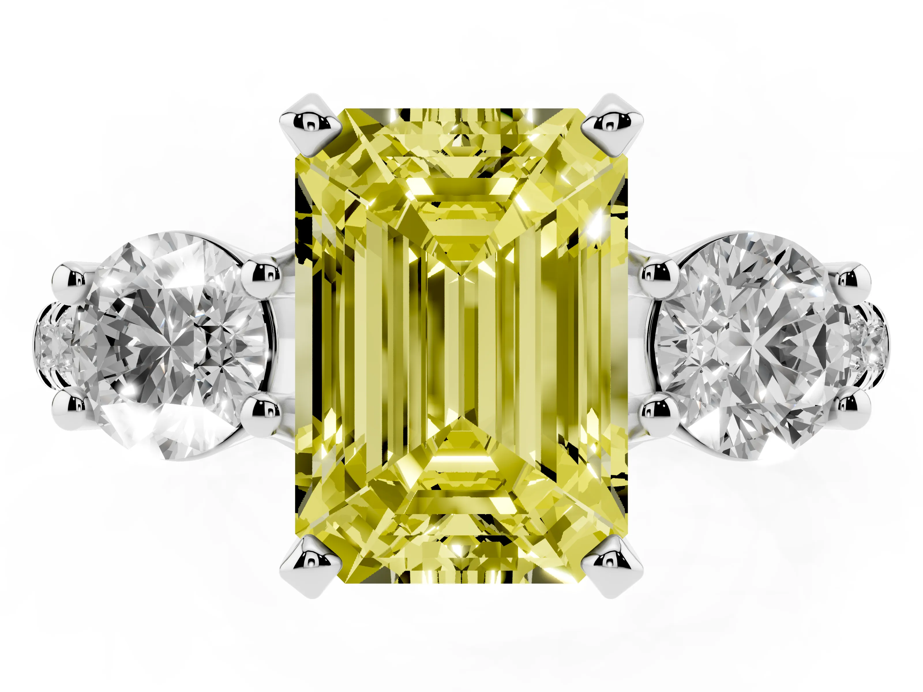 Fancy Yellow Three-Stone Emerald Cut Diamond Pavé Band Ring Set in White gold with Prong-Set Trio