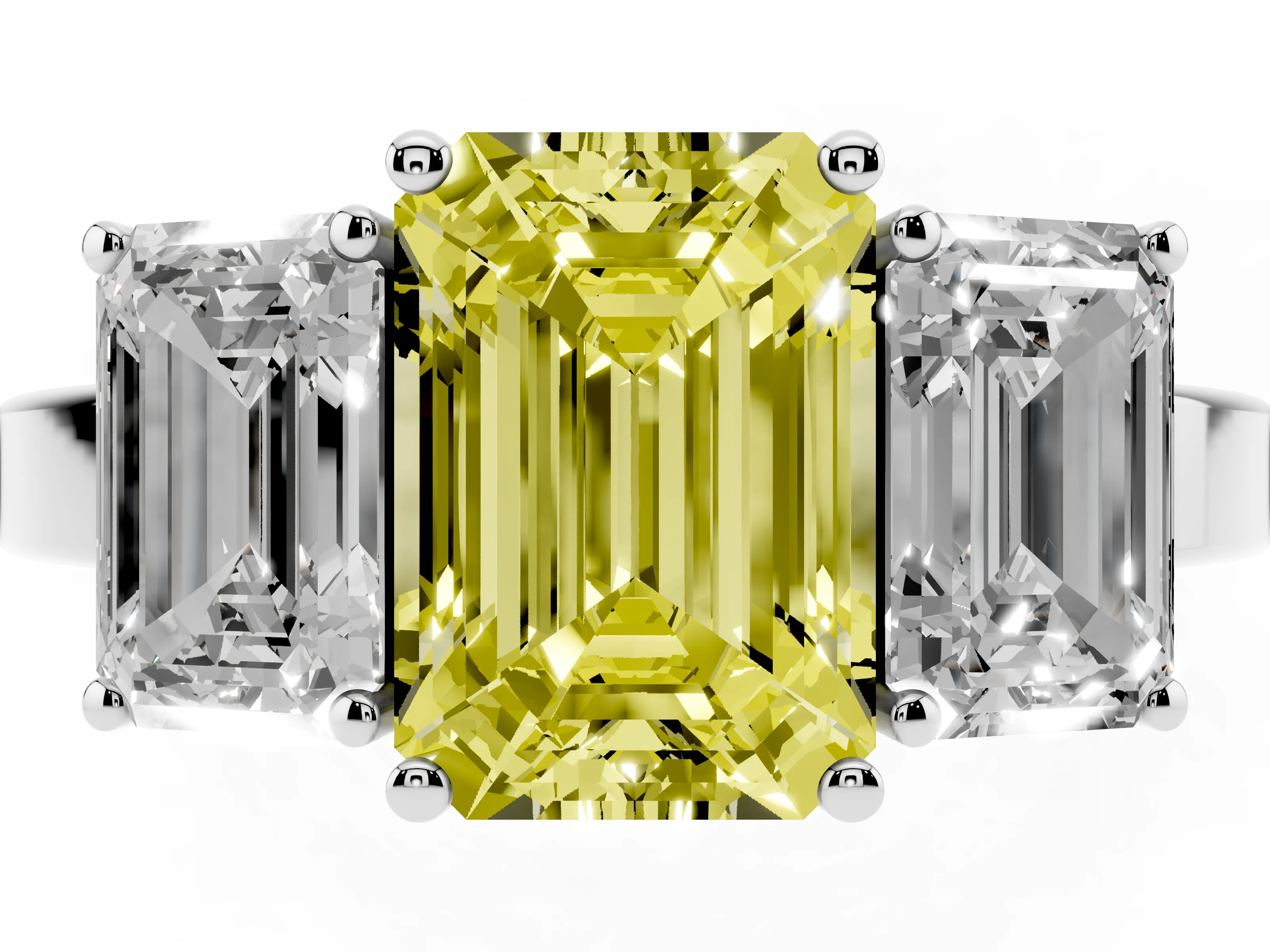 Fancy Yellow Emerald Cut Diamond Three-Stone Engagement Ring Set in Silver with Flat Band