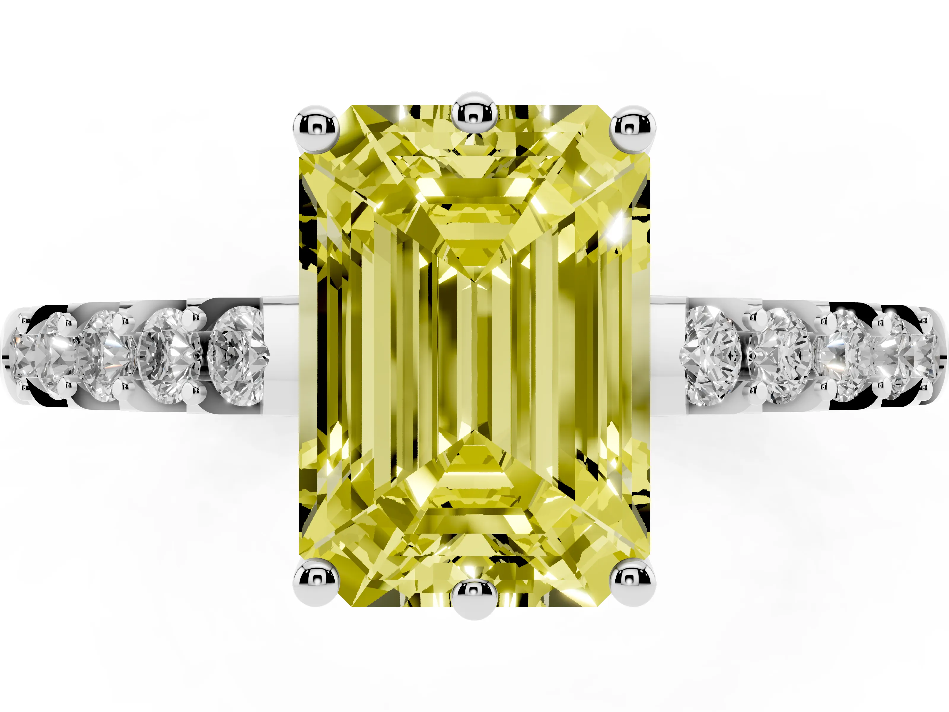 Fancy Yellow Emerald Cut Diamond Solitaire Engagement Ring Set in Silver with Pavé Band and Prong Setting