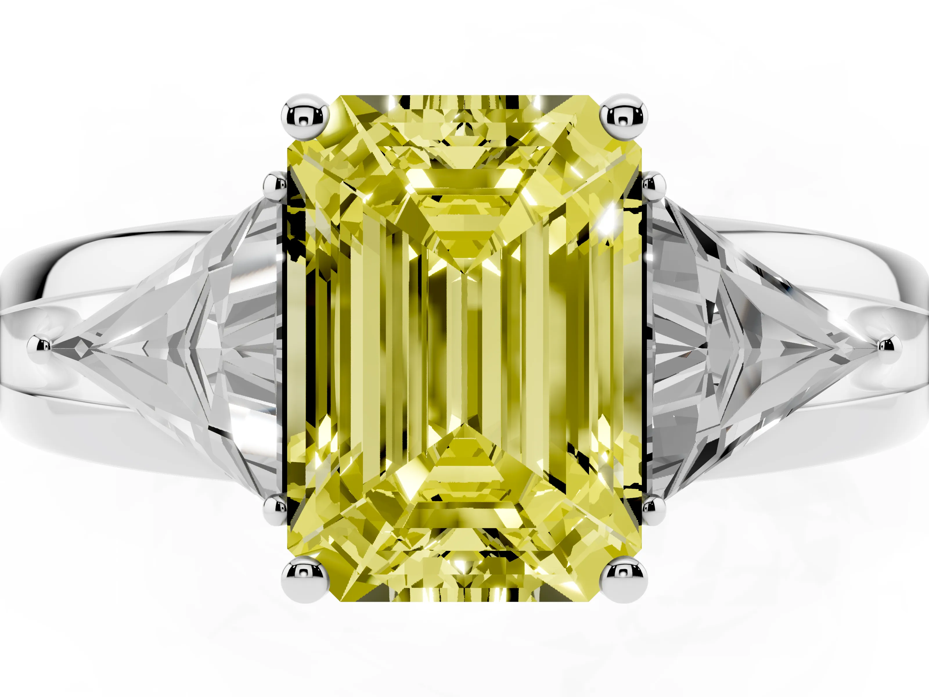 Fancy Yellow Emerald Cut Diamond Three-Stone Ring Set in Silver with Trillion Side Stones and Split Shank