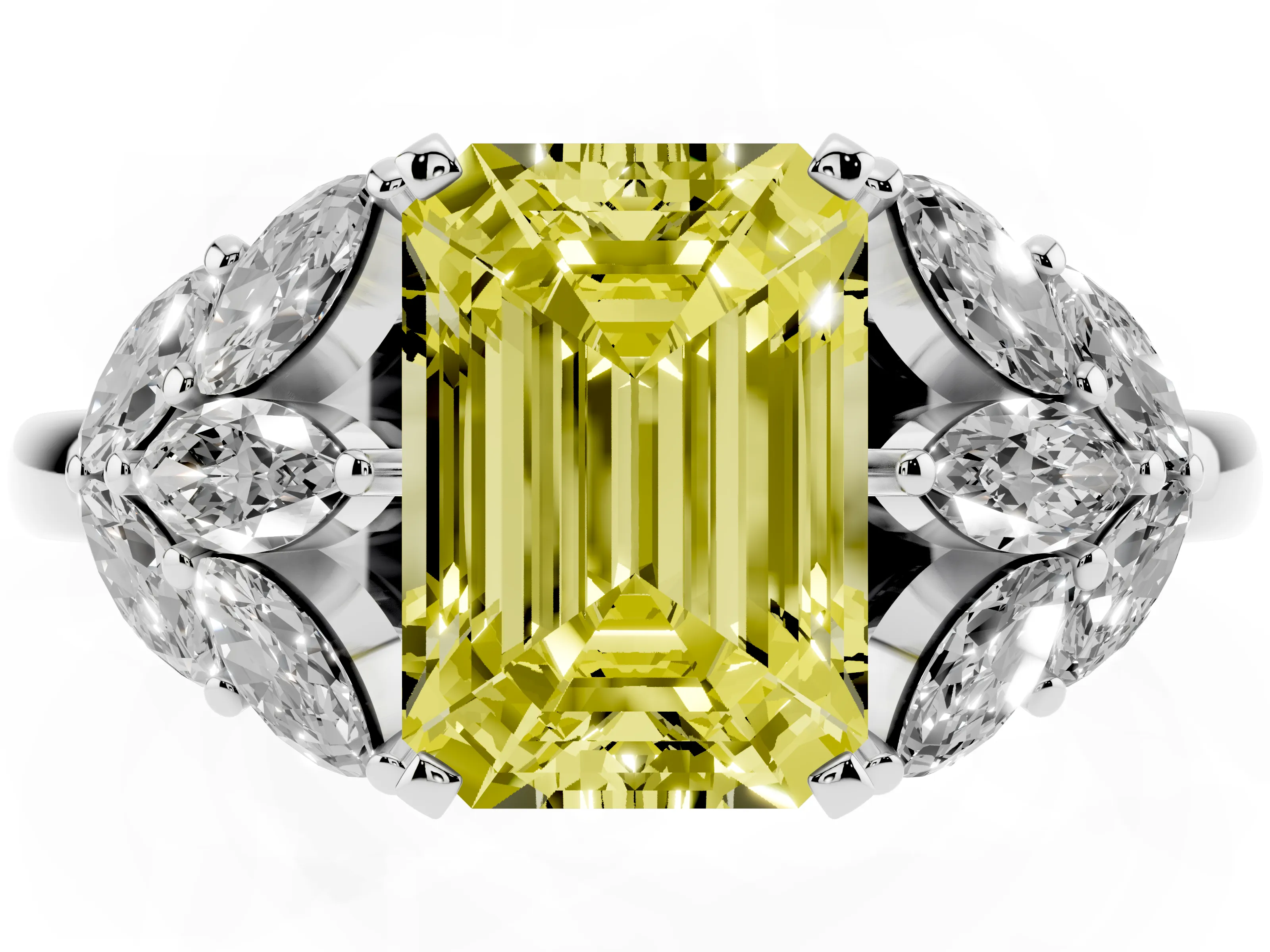 Fancy Yellow Emerald Cut Diamond Cluster Leaf Design Ring Set in Platinum with Prong Setting