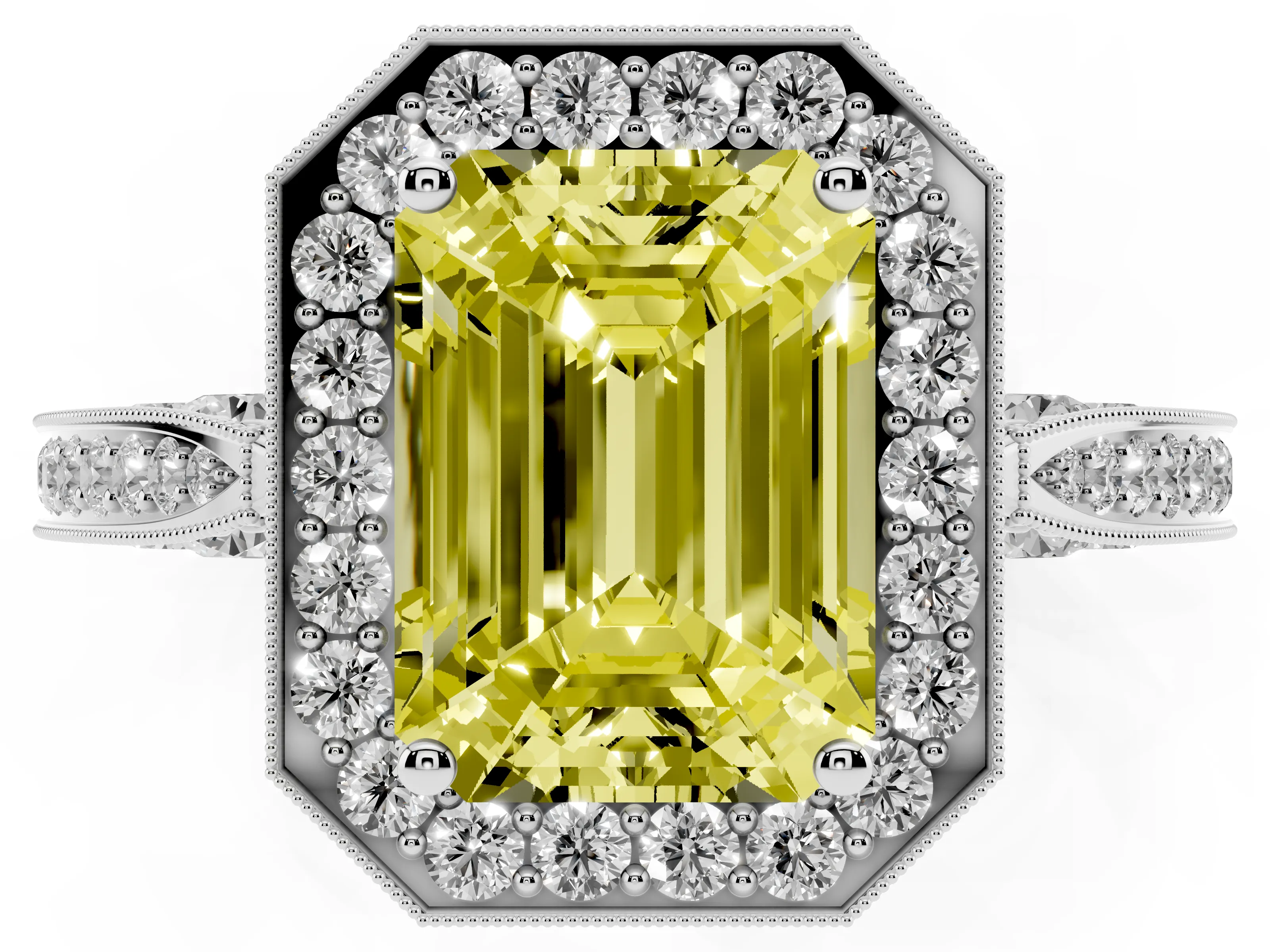 Fancy Yellow Emerald Cut Diamond Halo Engagement Ring Set in Platinum with Accent Split Shank Band