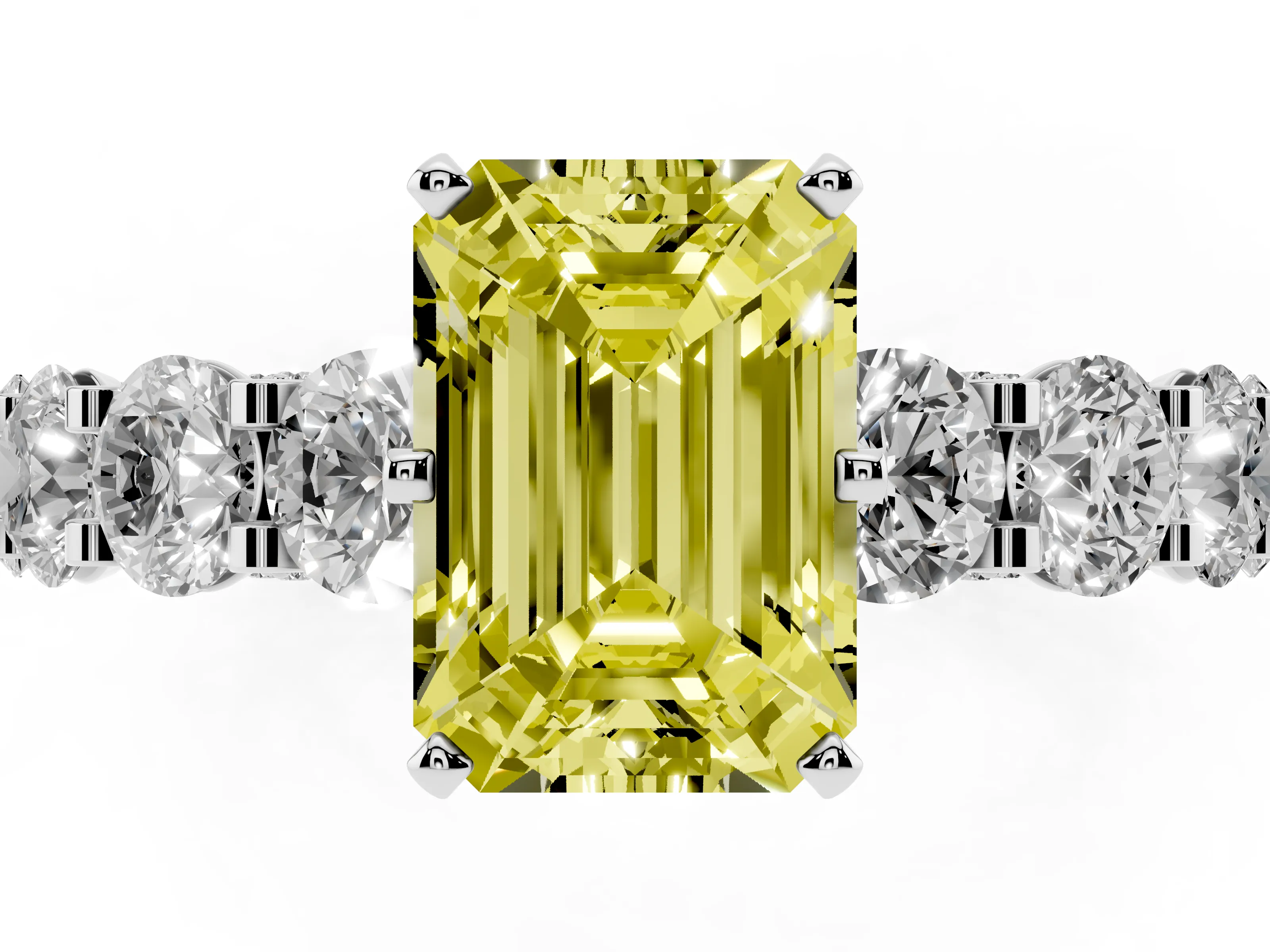 Fancy Yellow Emerald Cut Diamond Side Stone Ring Set in White gold with Alternating Round and Oval Side Stones