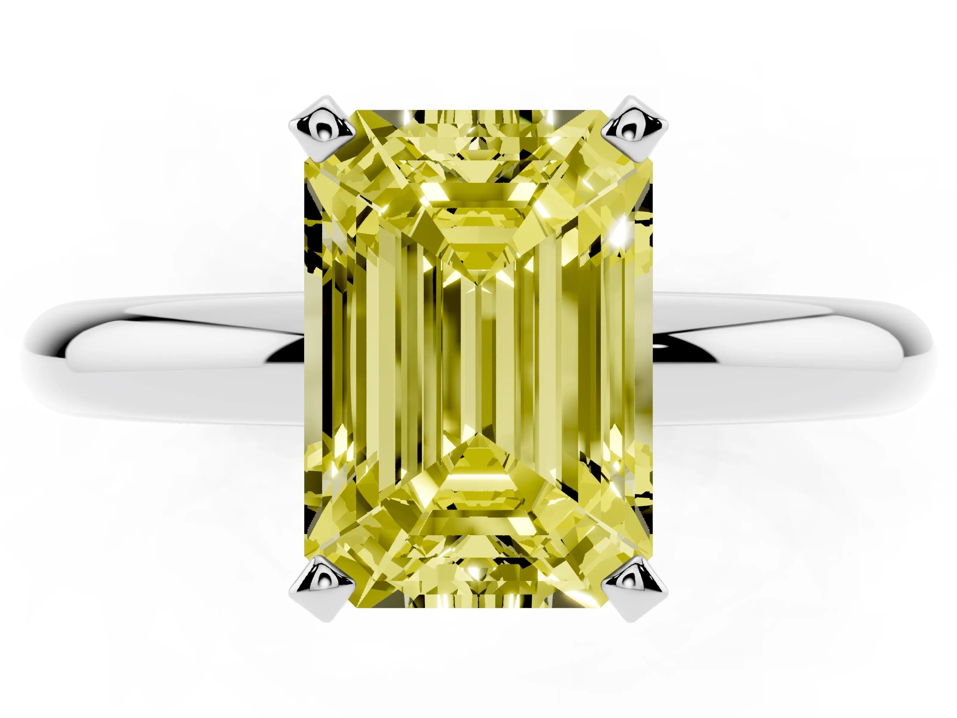 Fancy Yellow Emerald Cut Diamond Solitaire Engagement Ring Set in Platinum with Round Band and Prong Setting