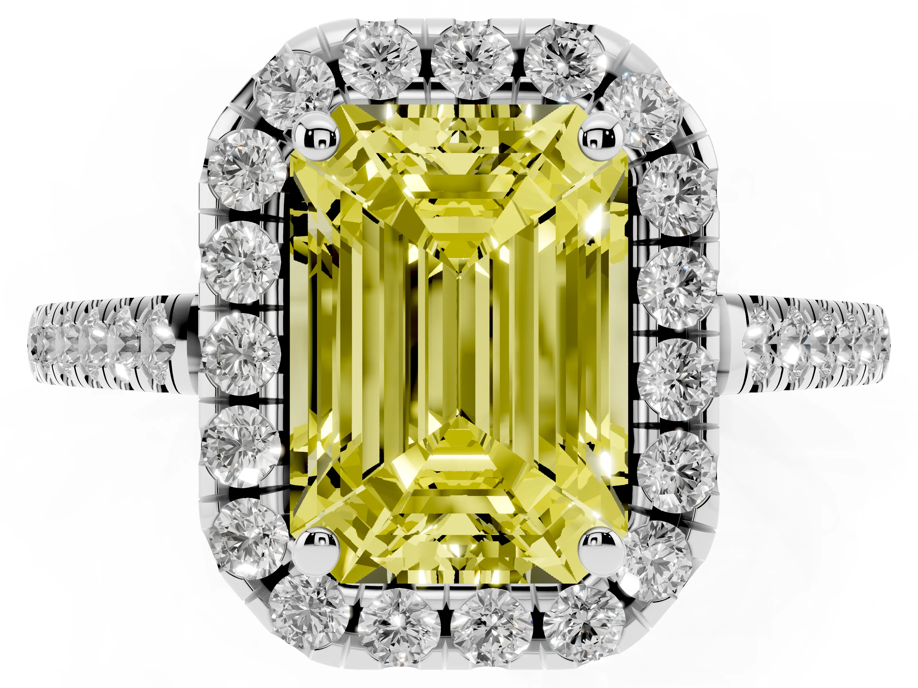 Fancy Yellow Emerald Cut Diamond Pavé Halo Engagement Ring Set in White gold with Pavé Band and Prong Setting