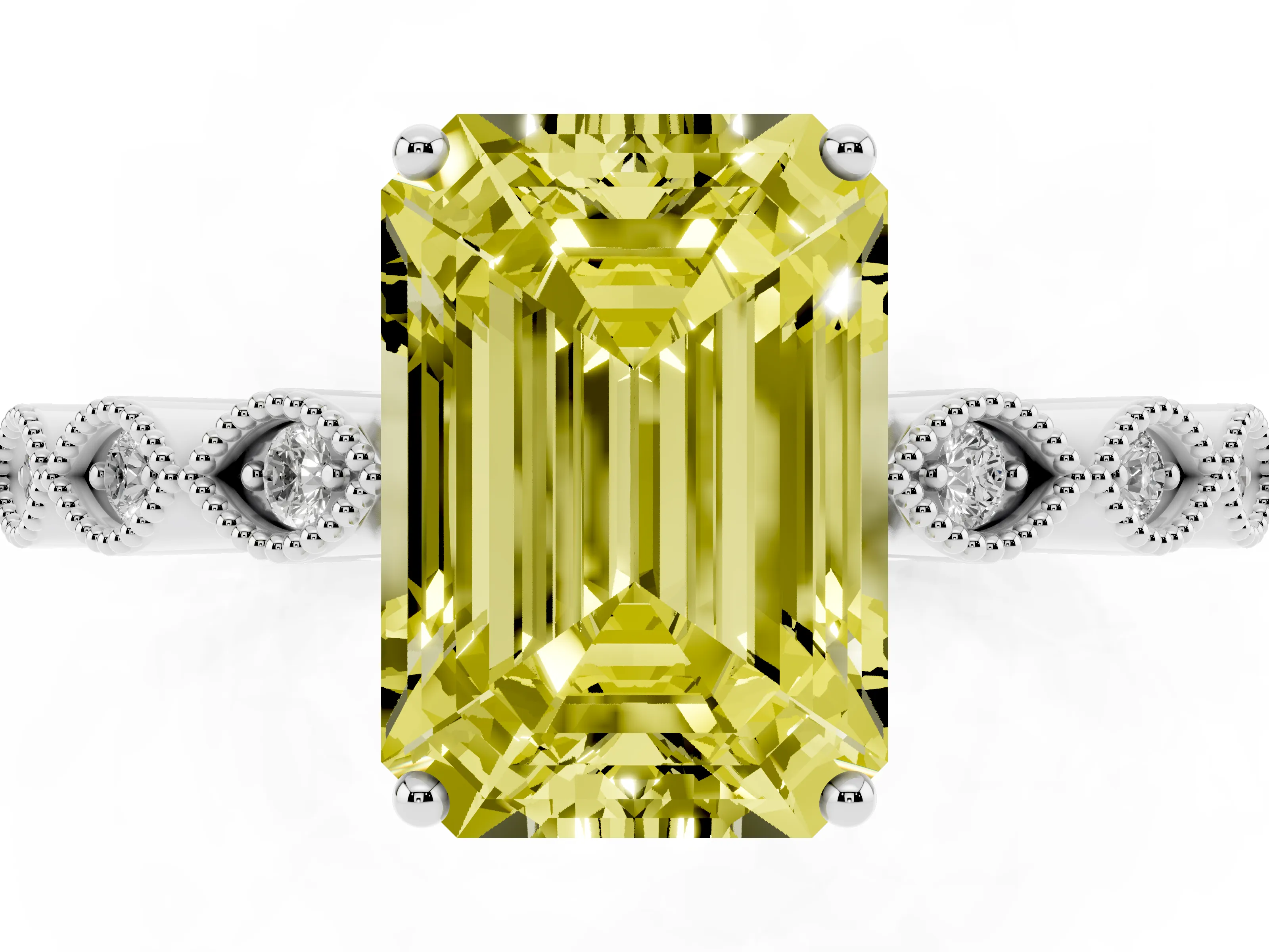 Fancy Yellow Emerald Cut Diamond Solitaire Ring Set in Silver with Infinity Twist Pavé Band