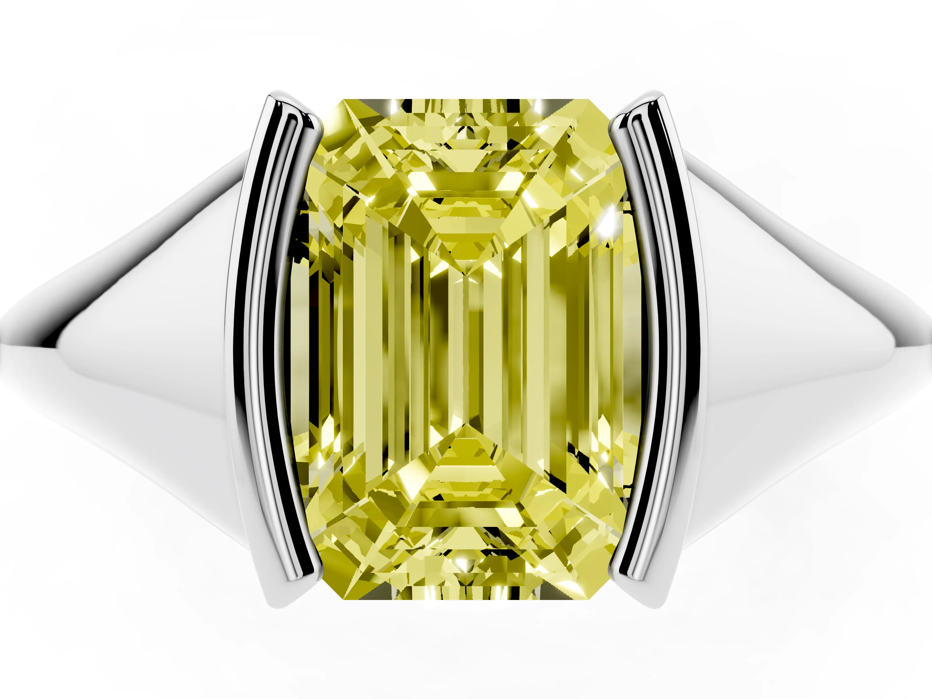 Fancy Yellow Emerald Cut Diamond Solitaire Tension Set Ring Set in Platinum
