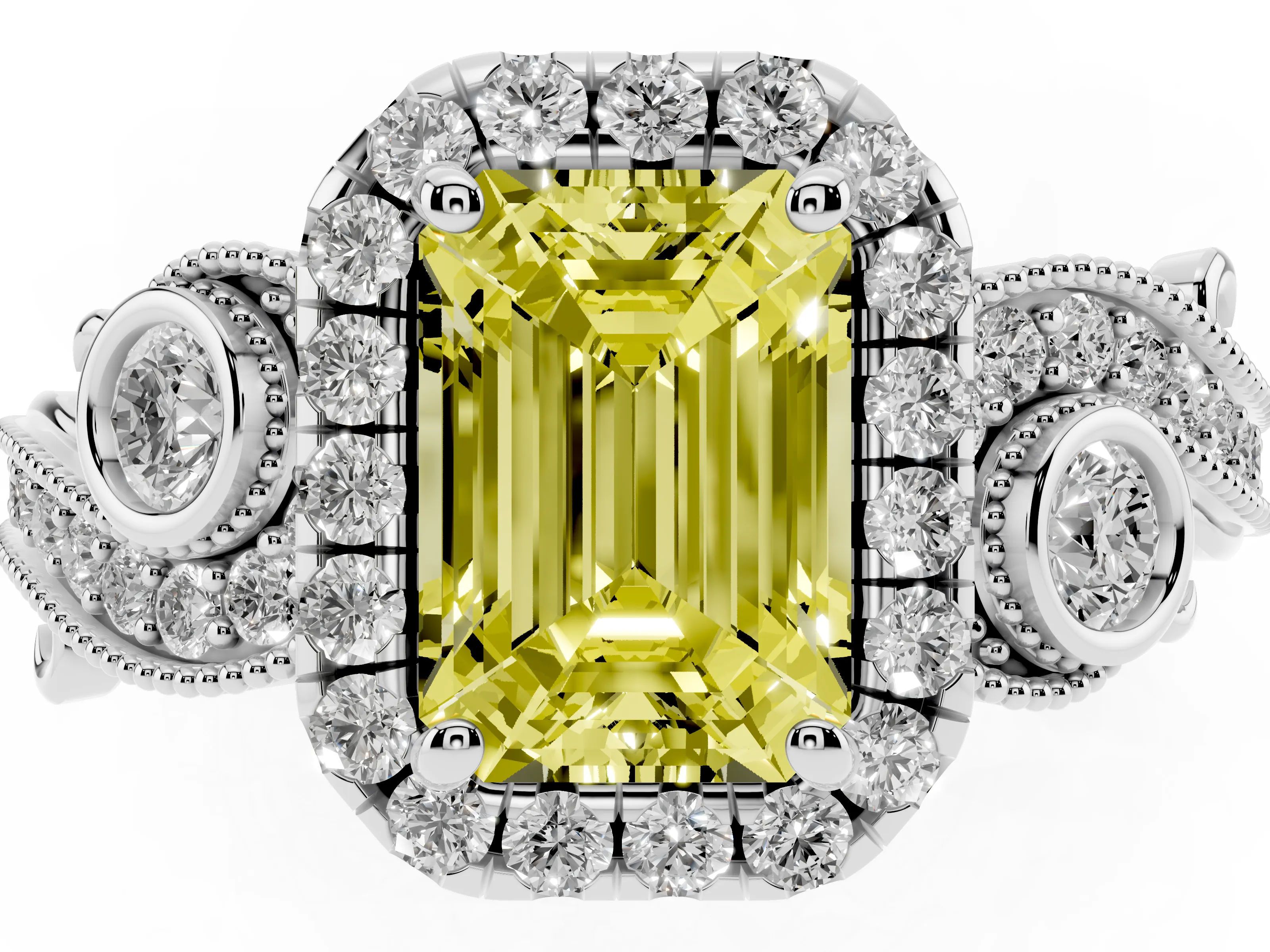 Fancy Yellow Emerald Cut Diamond Halo Ring Set in Silver with Milgrain Pavé Band and Prong Setting