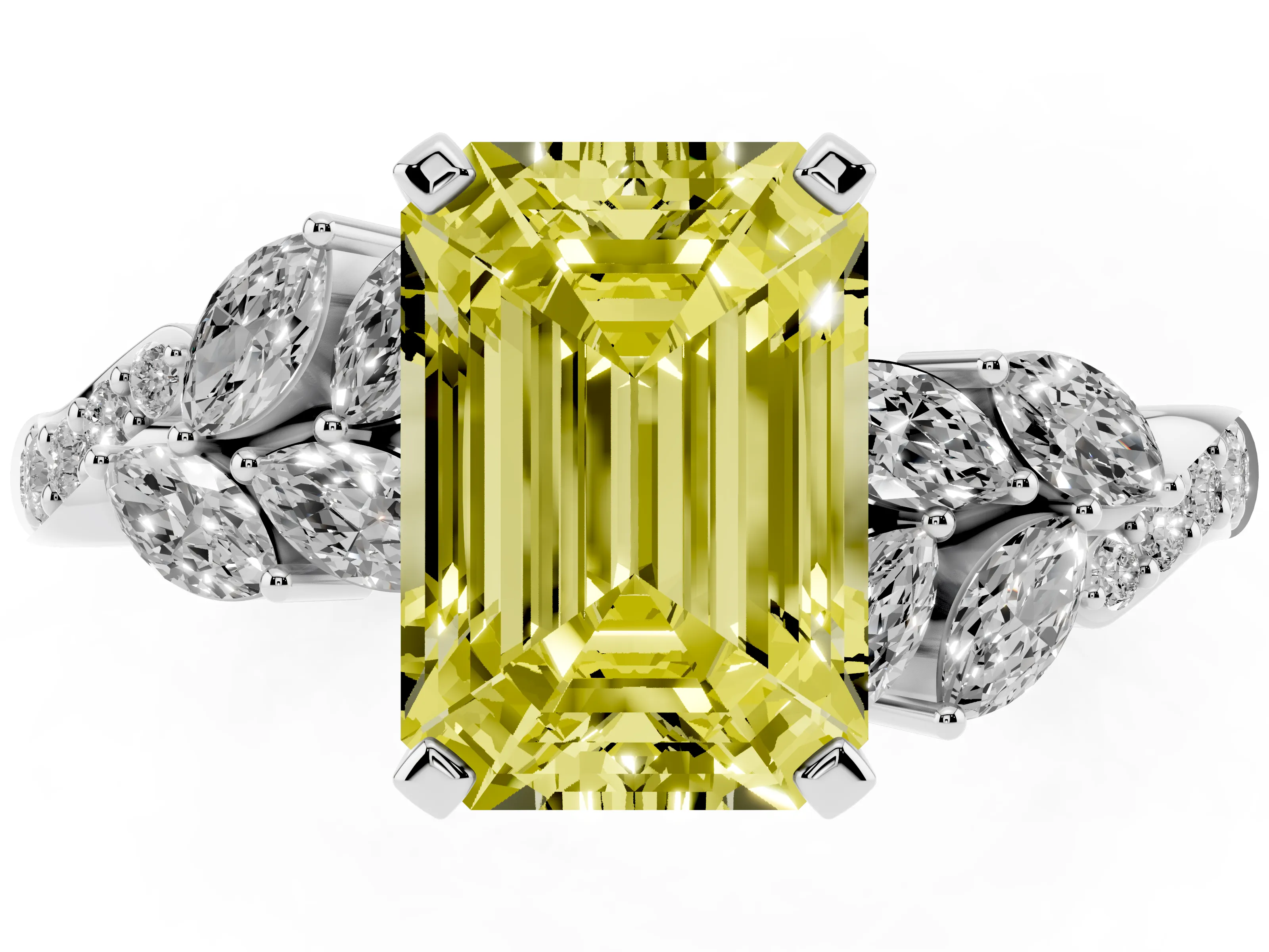 Fancy Yellow Emerald Cut Diamond Solitaire Ring Set in Platinum with Marquise Twist Band and Prong Setting