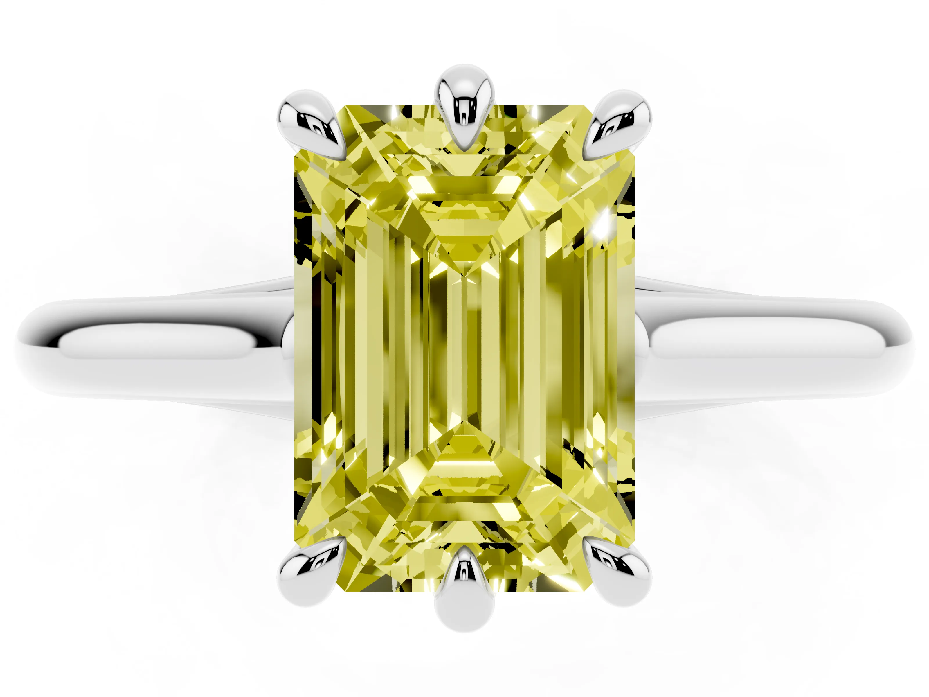 Fancy Yellow Emerald Cut Diamond Solitaire Engagement Ring Set in Platinum with Prong Setting and Plain Classic Band