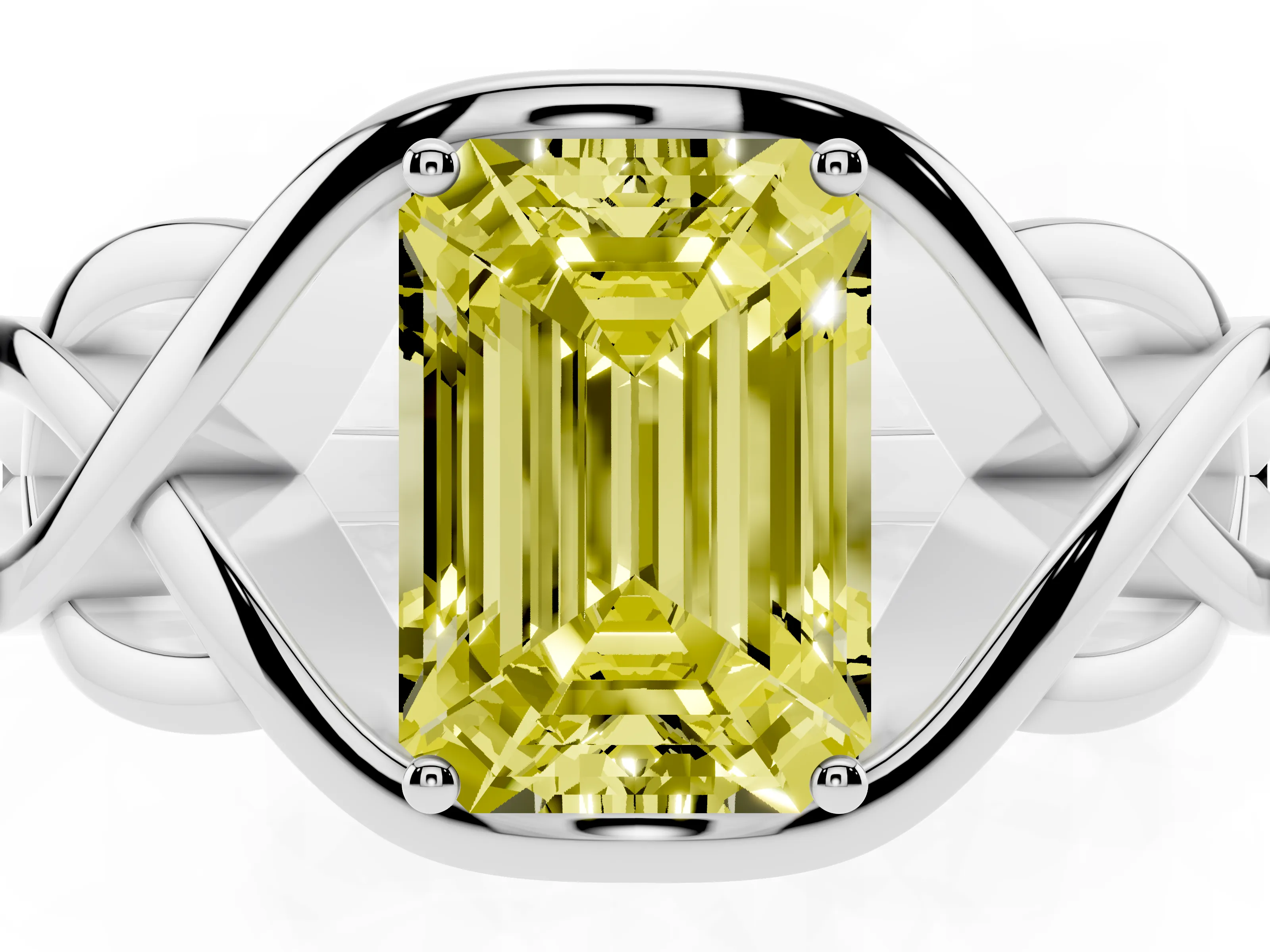 Fancy Yellow Emerald Cut Diamond Solitaire Ring Set in Platinum with Intertwined Band