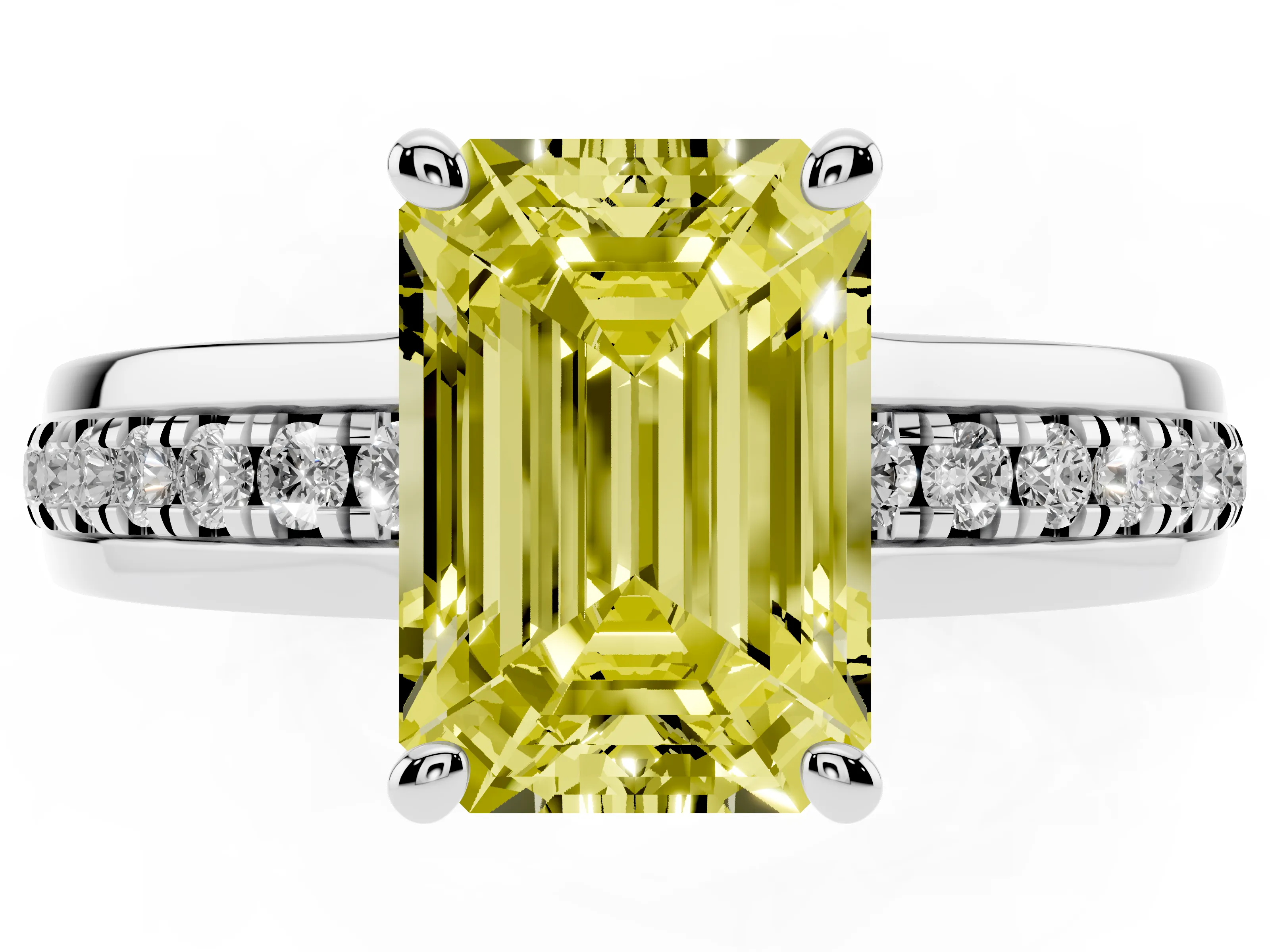 Fancy Yellow Emerald Cut Diamond Solitaire Ring Set in Silver with Channel Set Band and Prong Setting
