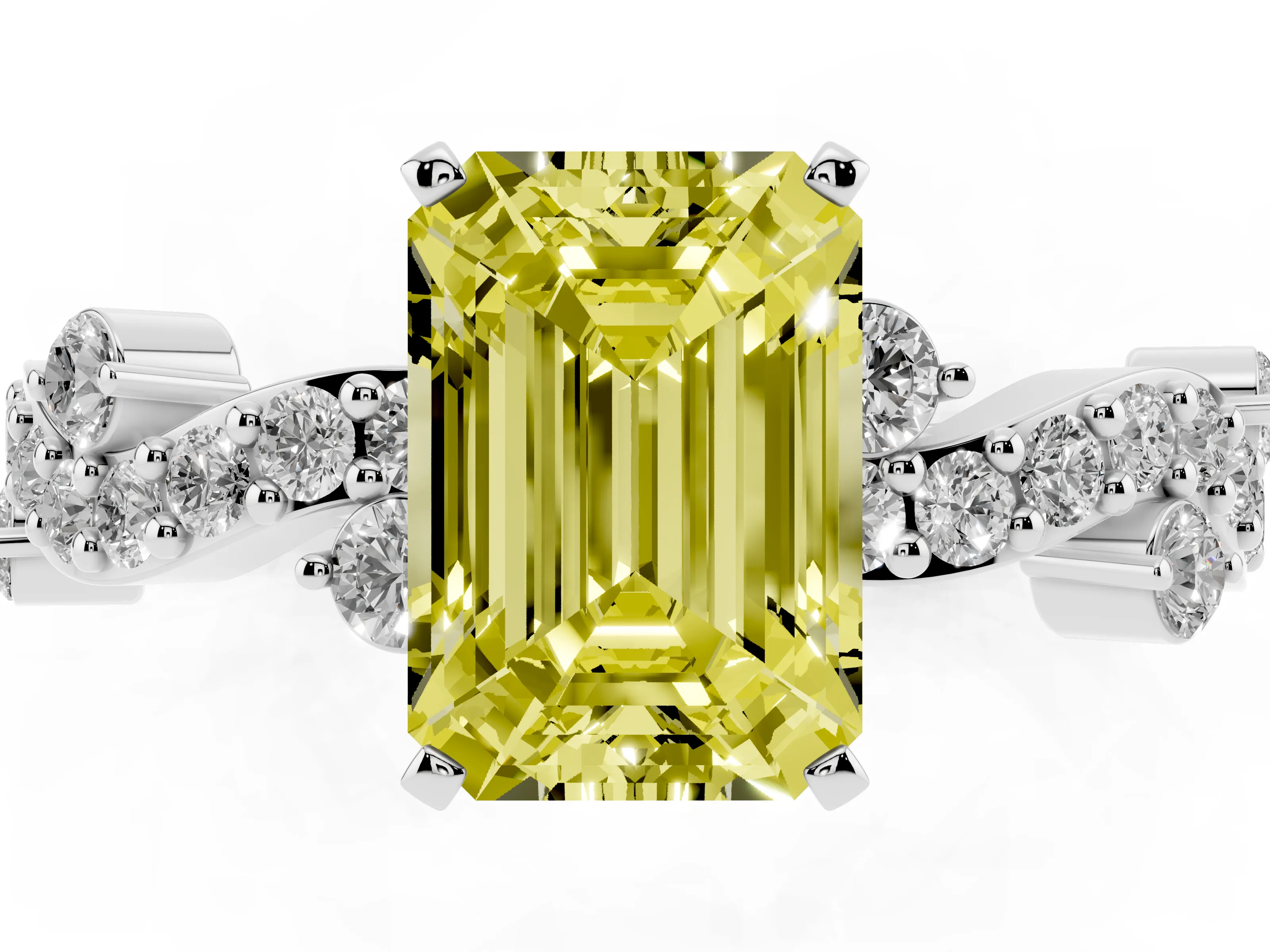 Fancy Yellow Emerald Cut Diamond Solitaire Twisted Band Set in Silver with Pavé Setting