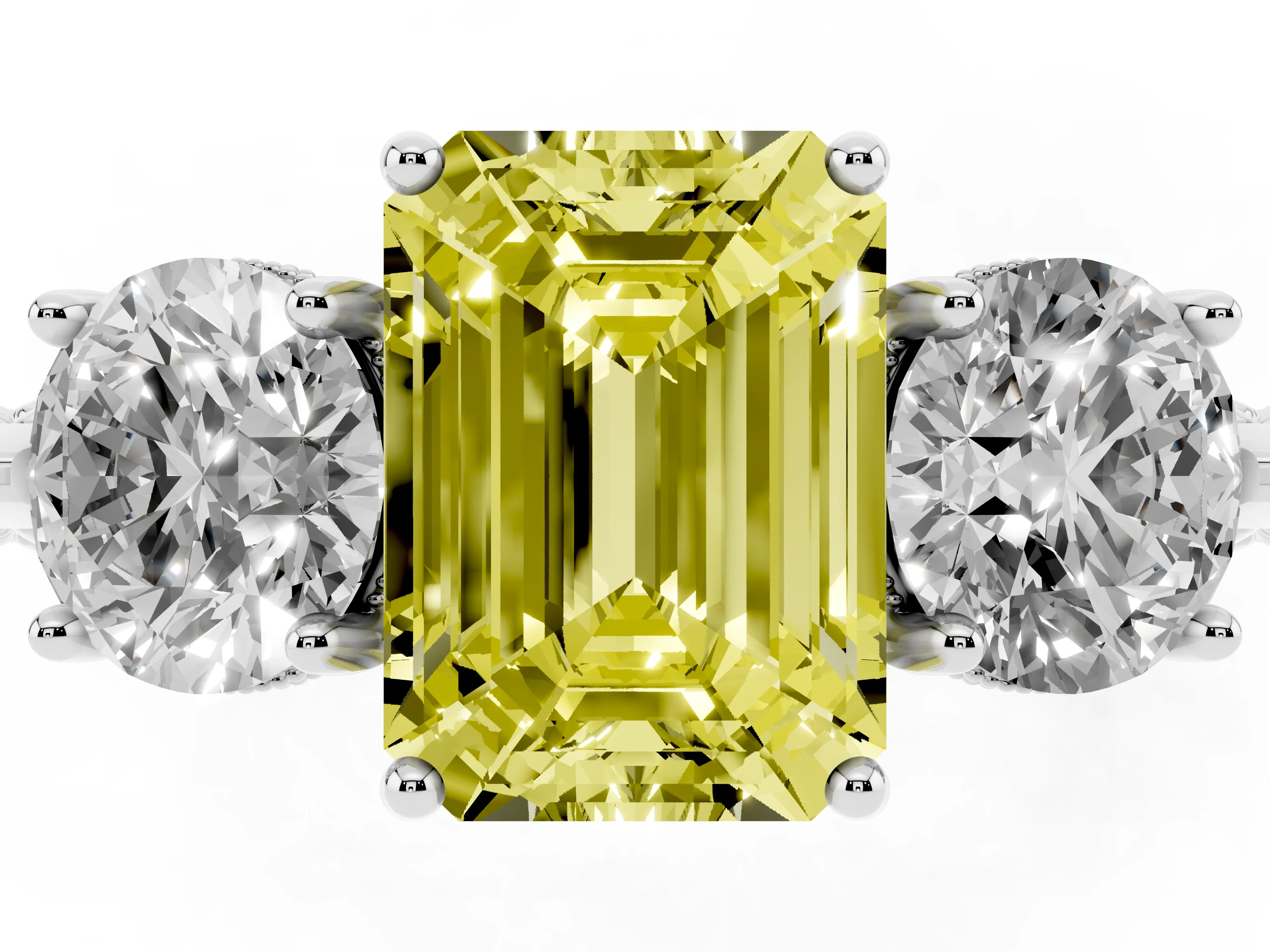Fancy Yellow Emerald Cut Diamond Three-Stone Ring Set in Platinum with Milgrain Band