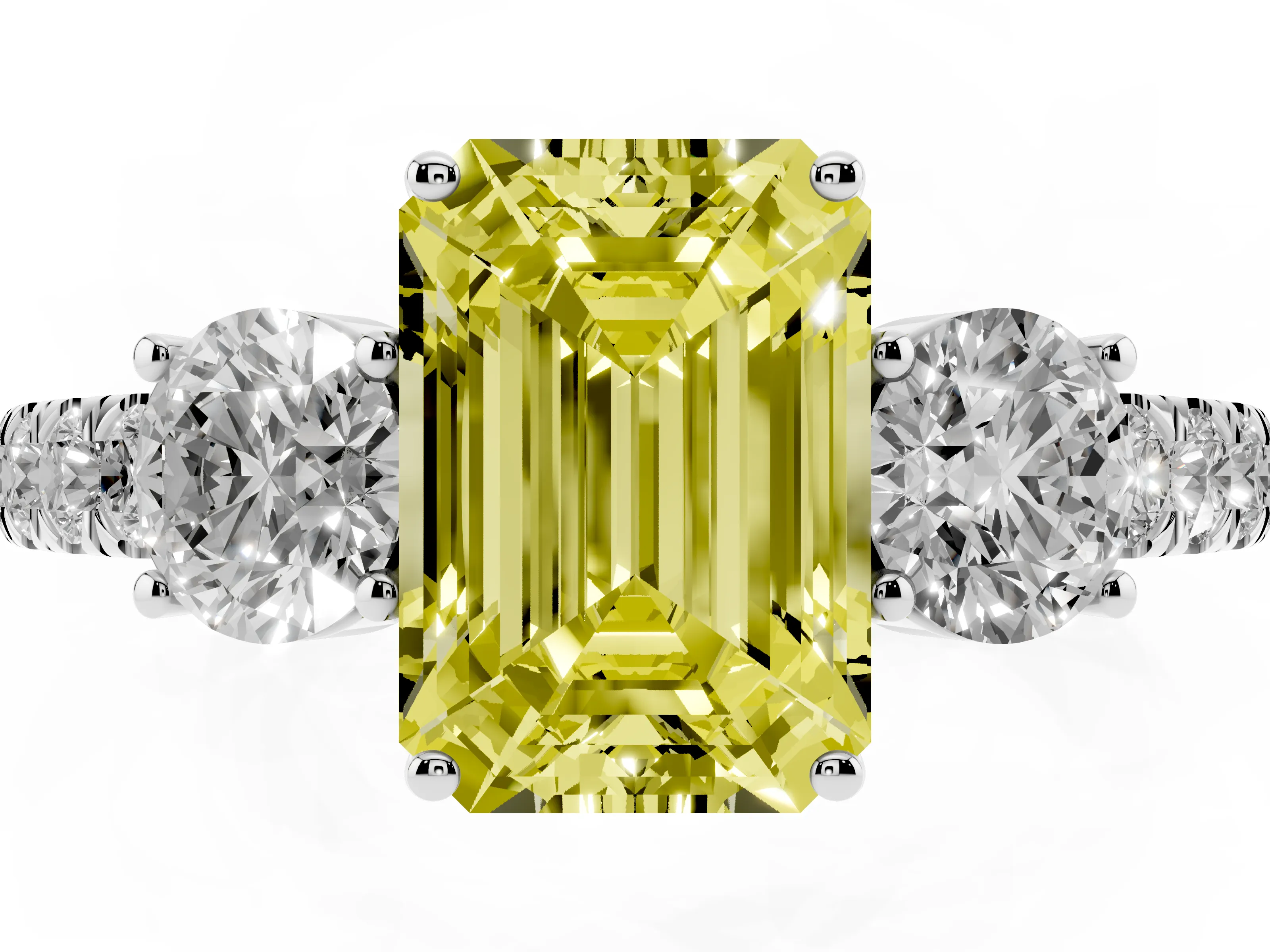 Fancy Yellow Emerald Cut Diamond Three-Stone Ring Set in White gold with Round Side Stones and Delicate Pavé Band