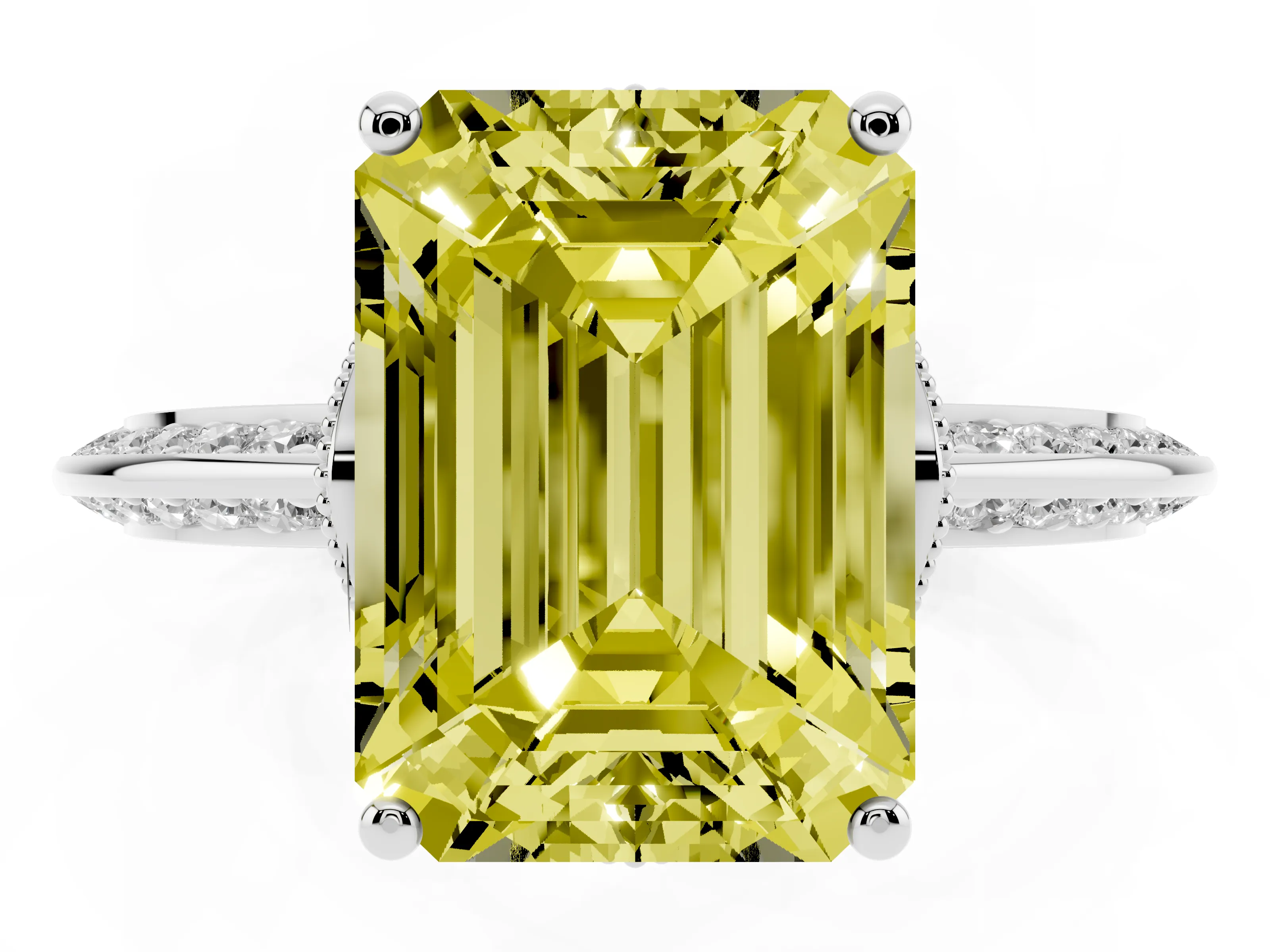 Fancy Yellow Emerald Cut Diamond Solitaire Engagement Ring Set in Platinum with Pavé Split Shank and Prong Setting