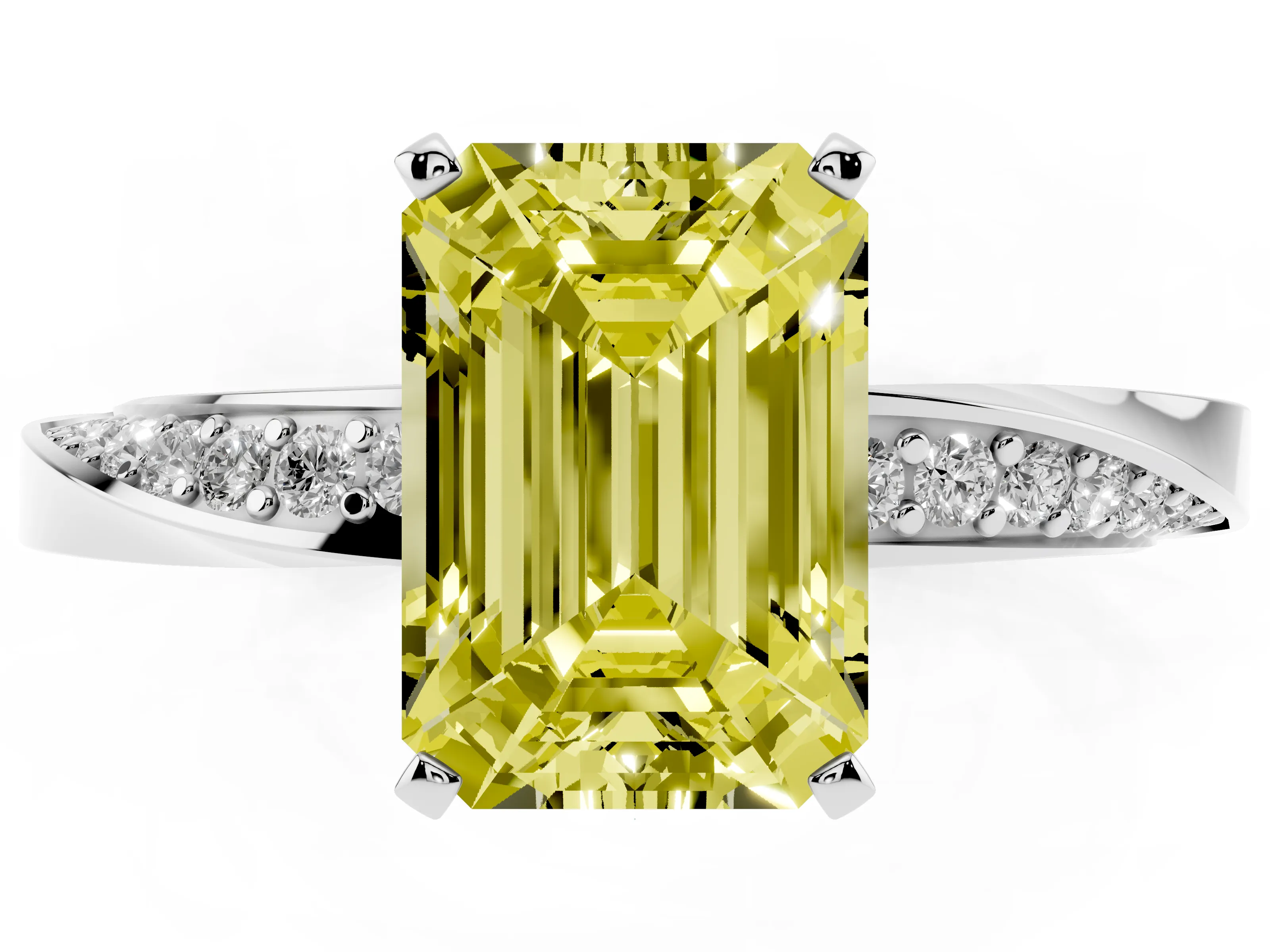 Fancy Yellow Emerald Cut Diamond Engagement Ring Set in Platinum with Side Stone Accents and Prong Setting