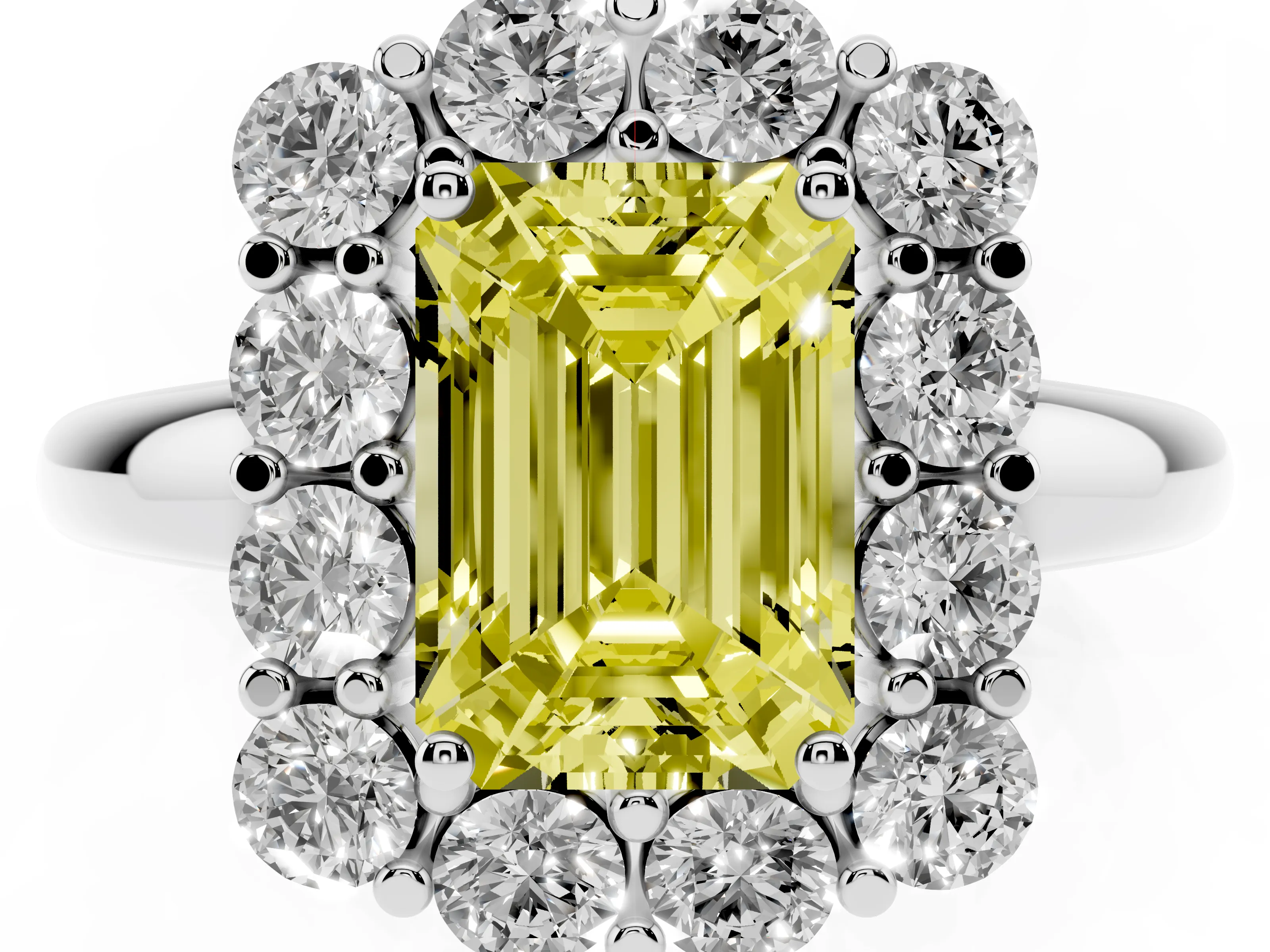 Fancy Yellow Emerald Cut Diamond Halo Cluster Engagement Ring Set in White gold with Polished Band and Prong Setting