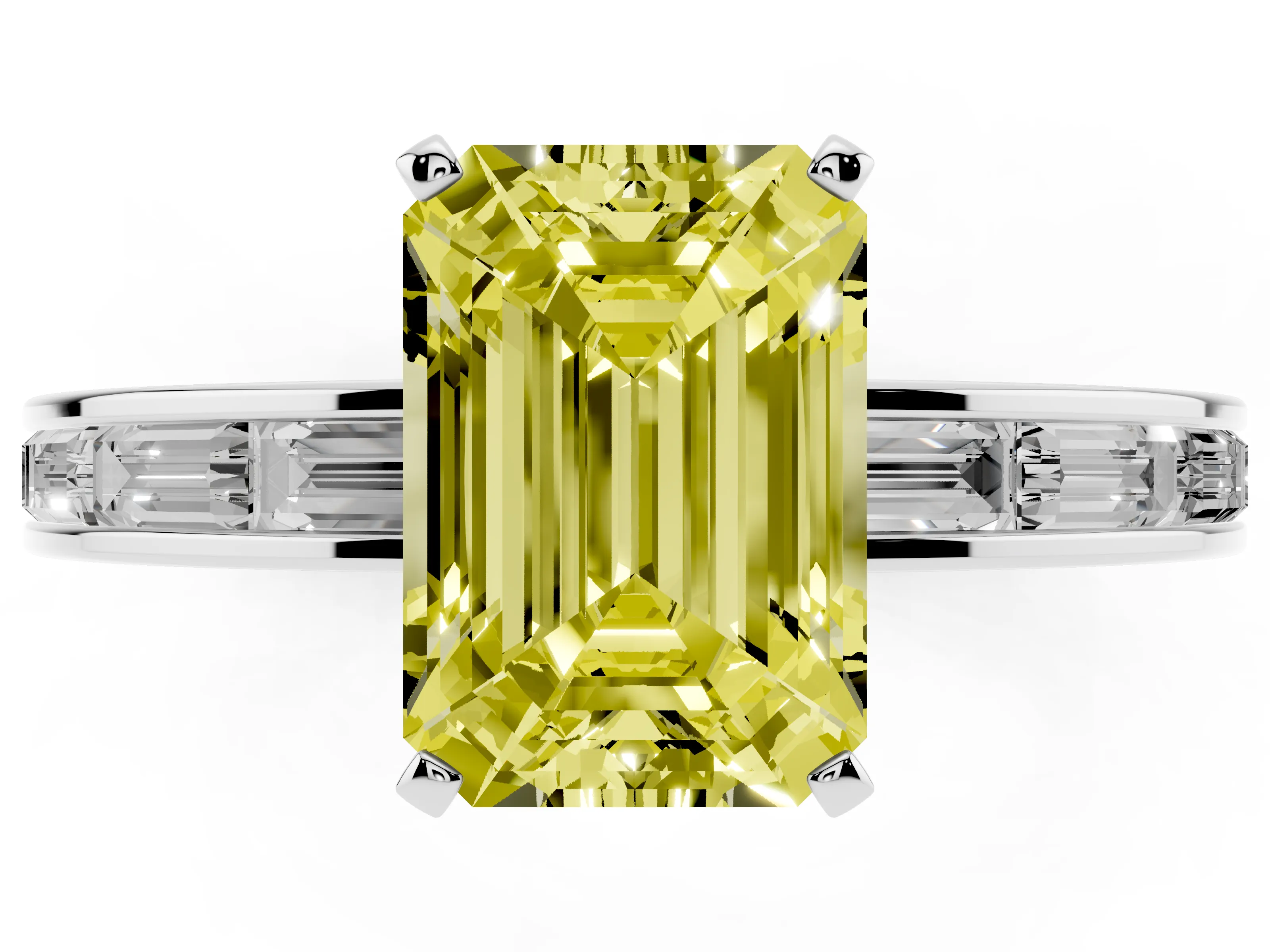 Fancy Yellow Emerald Cut Diamond Solitaire Ring Set in White gold with Channel-Set Baguette Band and Prong Setting
