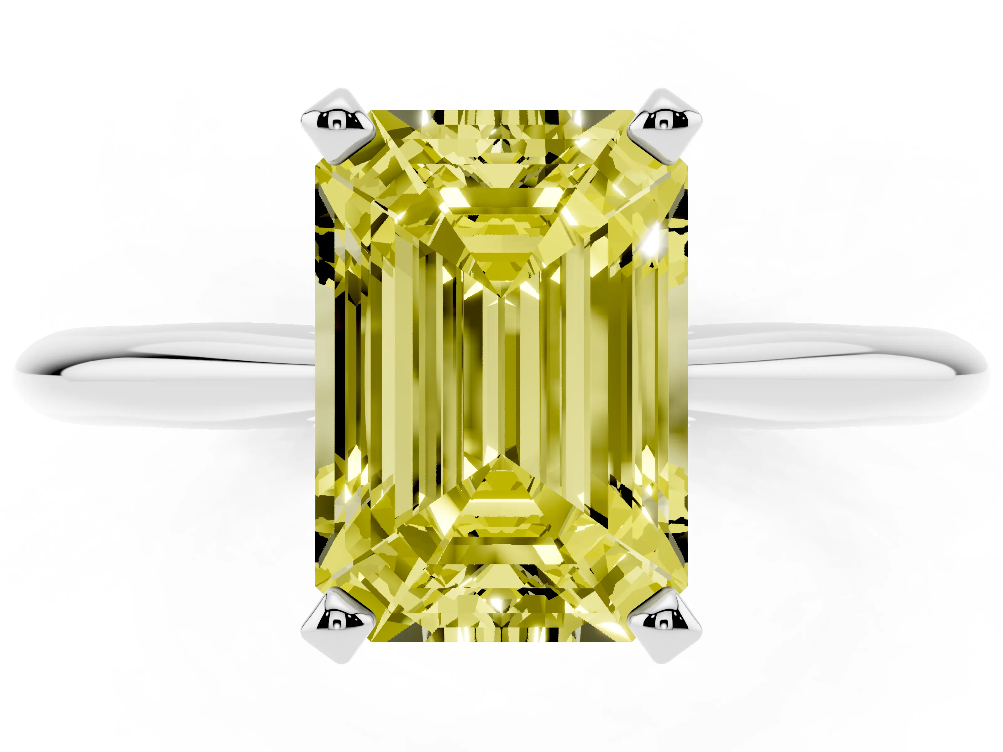 Fancy Yellow Emerald Cut Diamond Solitaire Ring Set in Silver with Prong Setting on a Plain Round Band