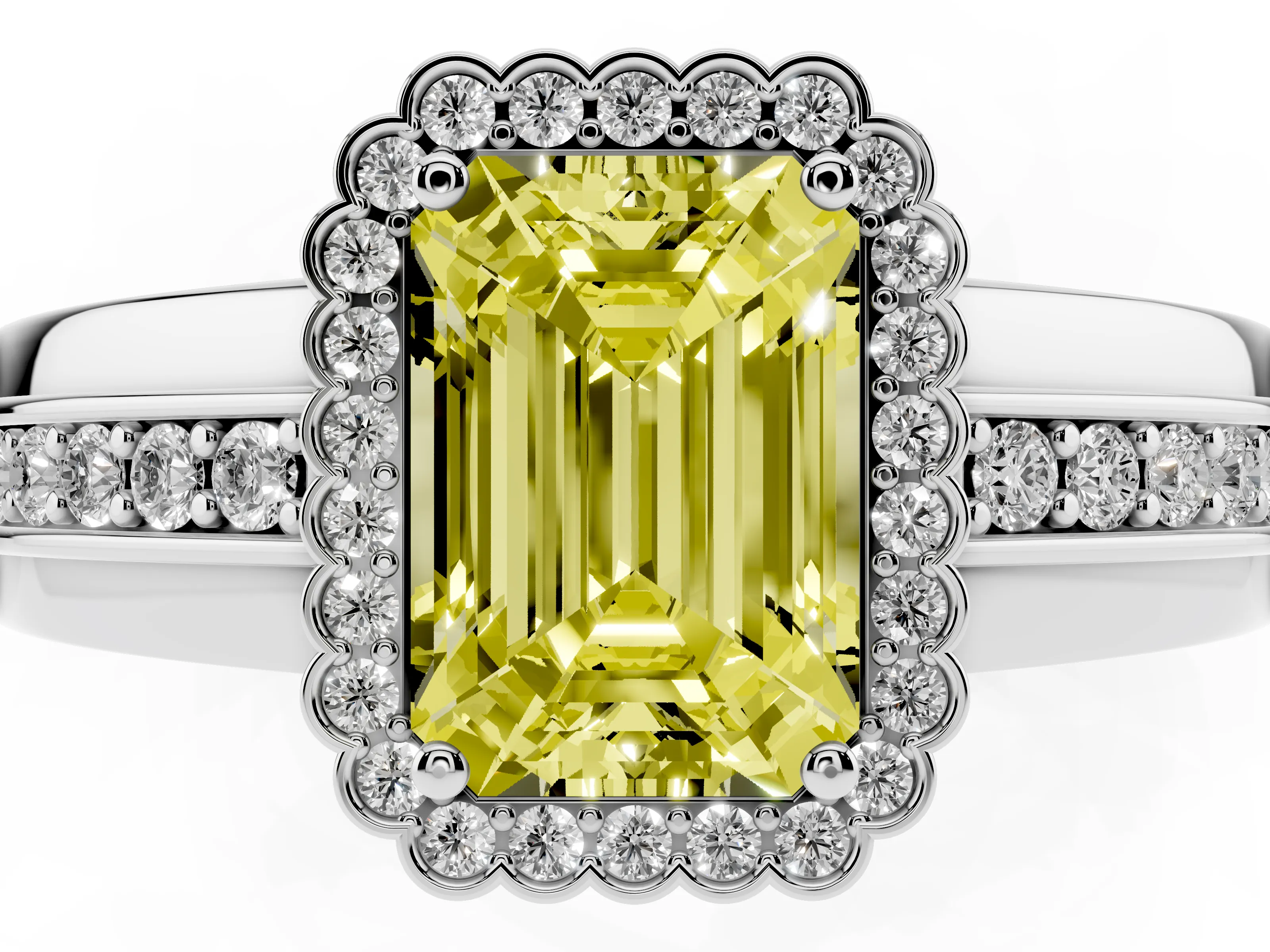 Fancy Yellow Emerald Cut Diamond Halo Prong Ring Set in Silver with Pavé Band