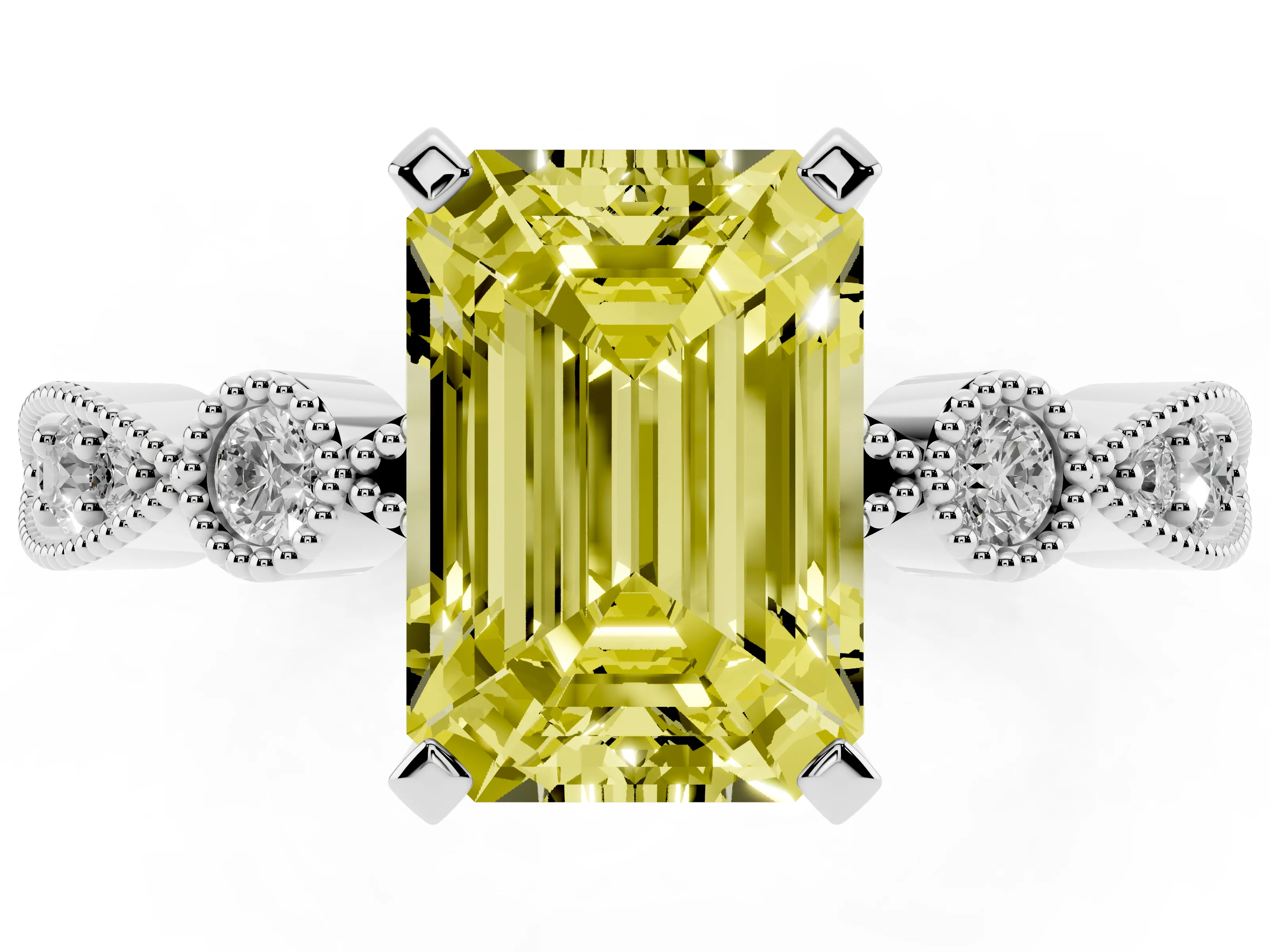 Fancy Yellow Emerald Cut Diamond Solitaire Engagement Ring Set in White gold with Milgrain Bezel Accent Band