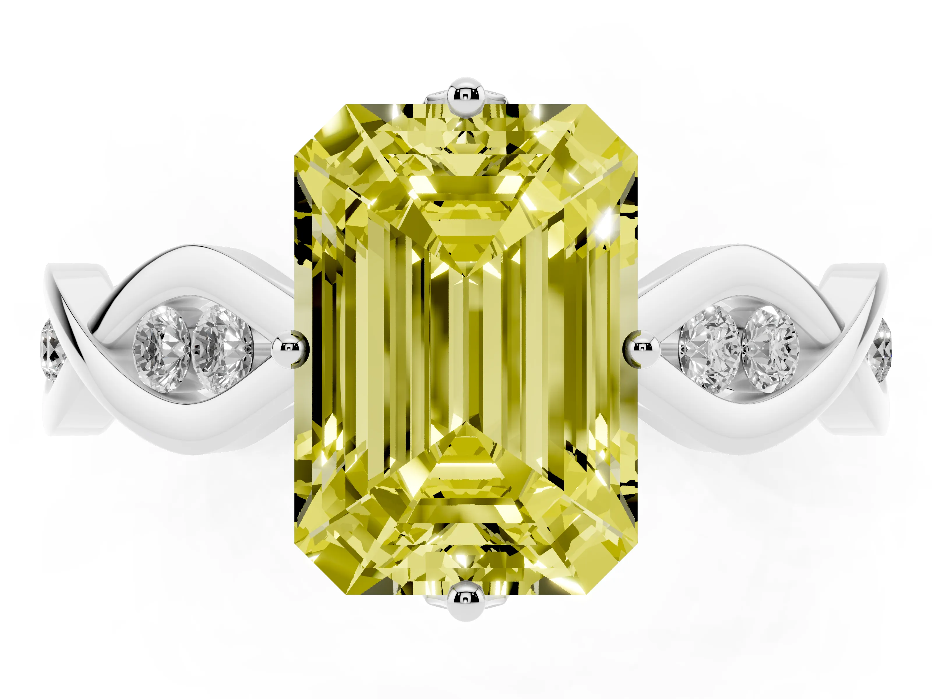 Fancy Yellow Emerald Cut Diamond Twist Band Solitaire Ring Set in Platinum with Leaf Prong Setting and Accent Stones