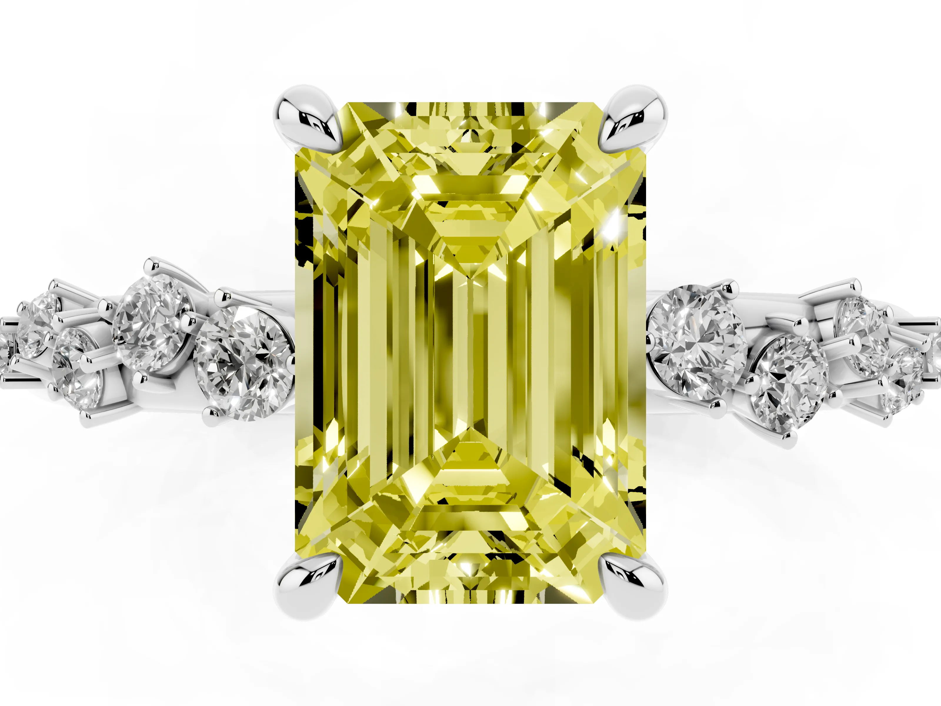 Fancy Yellow Emerald Cut Diamond Solitaire Vine Band Ring Set in White gold with Round Accents and Prong Setting