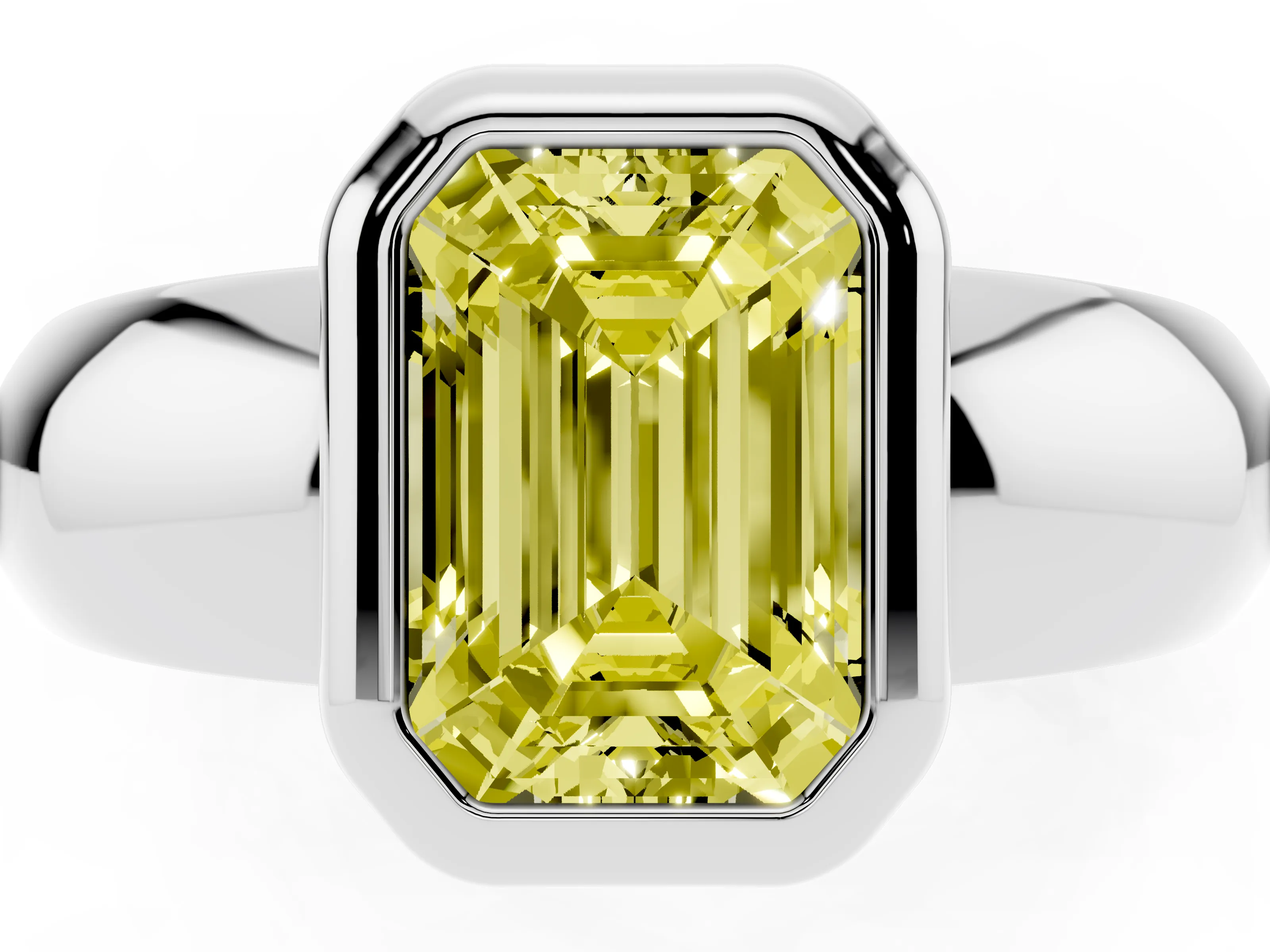 Fancy Yellow Bezel Set Emerald Cut Diamond Solitaire Ring Set in Silver with Wide Band