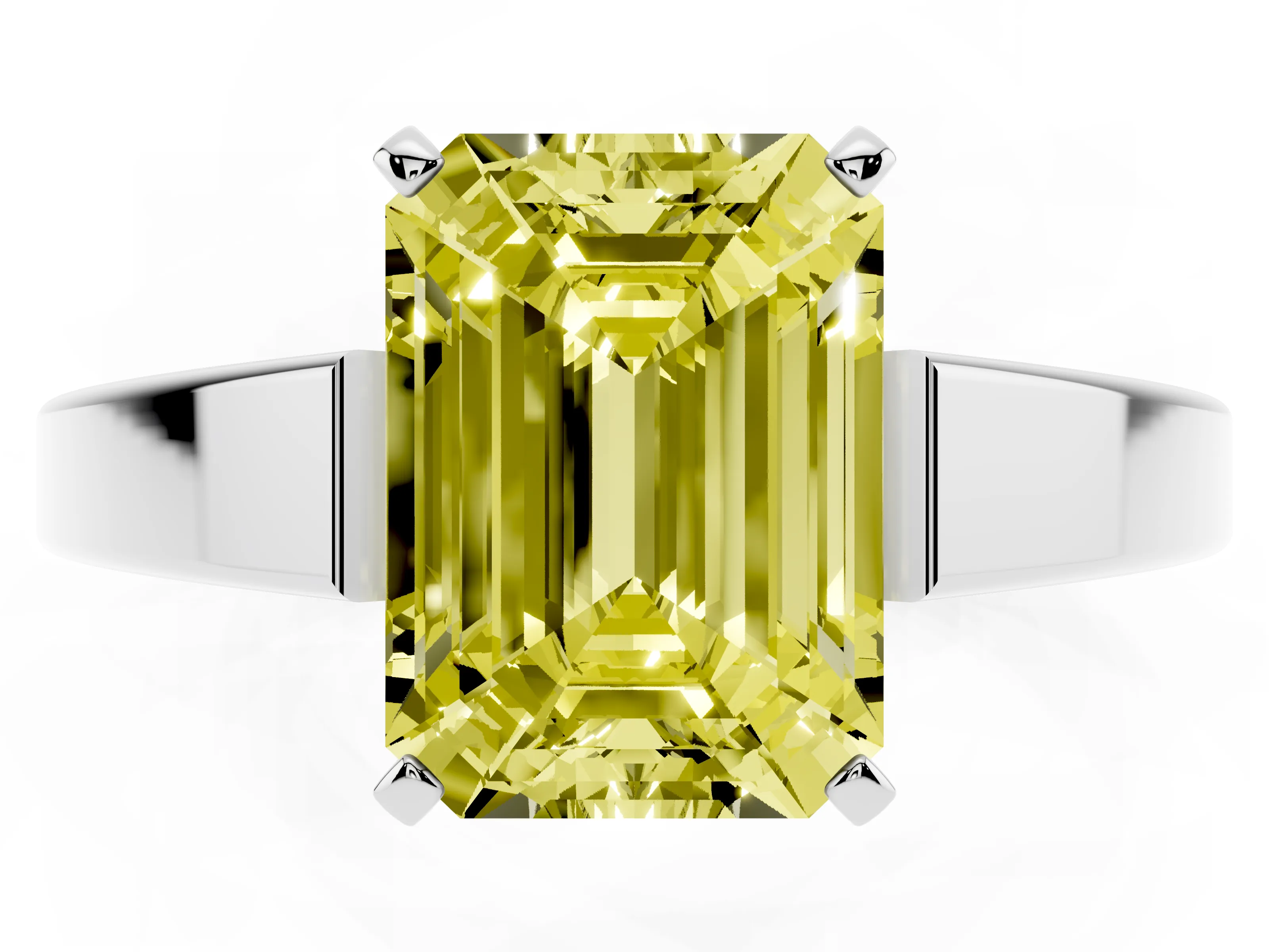 Fancy Yellow Emerald Cut Diamond Solitaire Engagement Ring Set in White gold with Prong Setting and Tapered Band