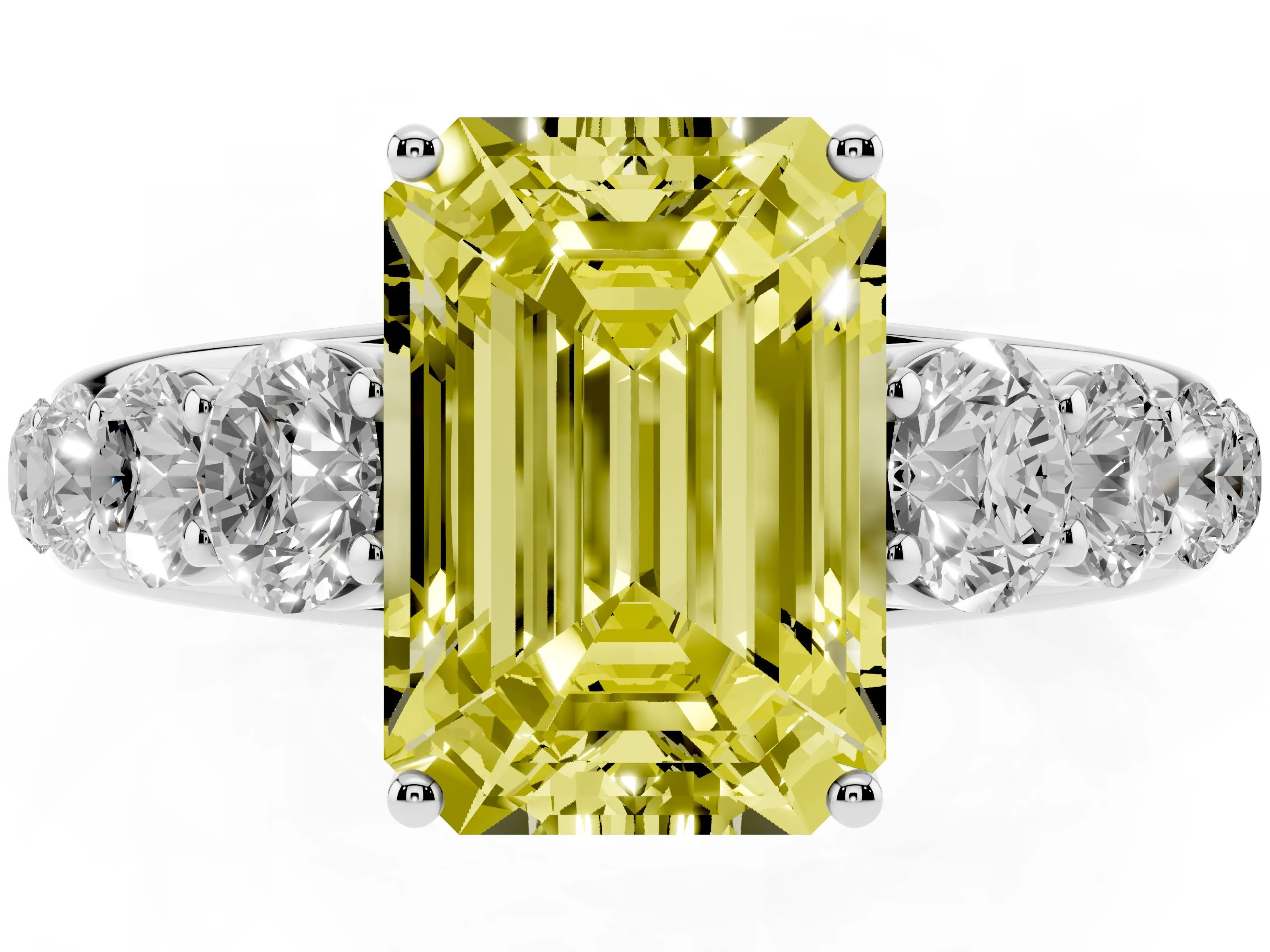 Fancy Yellow Emerald Cut Diamond Solitaire Ring Set in Platinum with Pavé-Set Band and Prong Setting