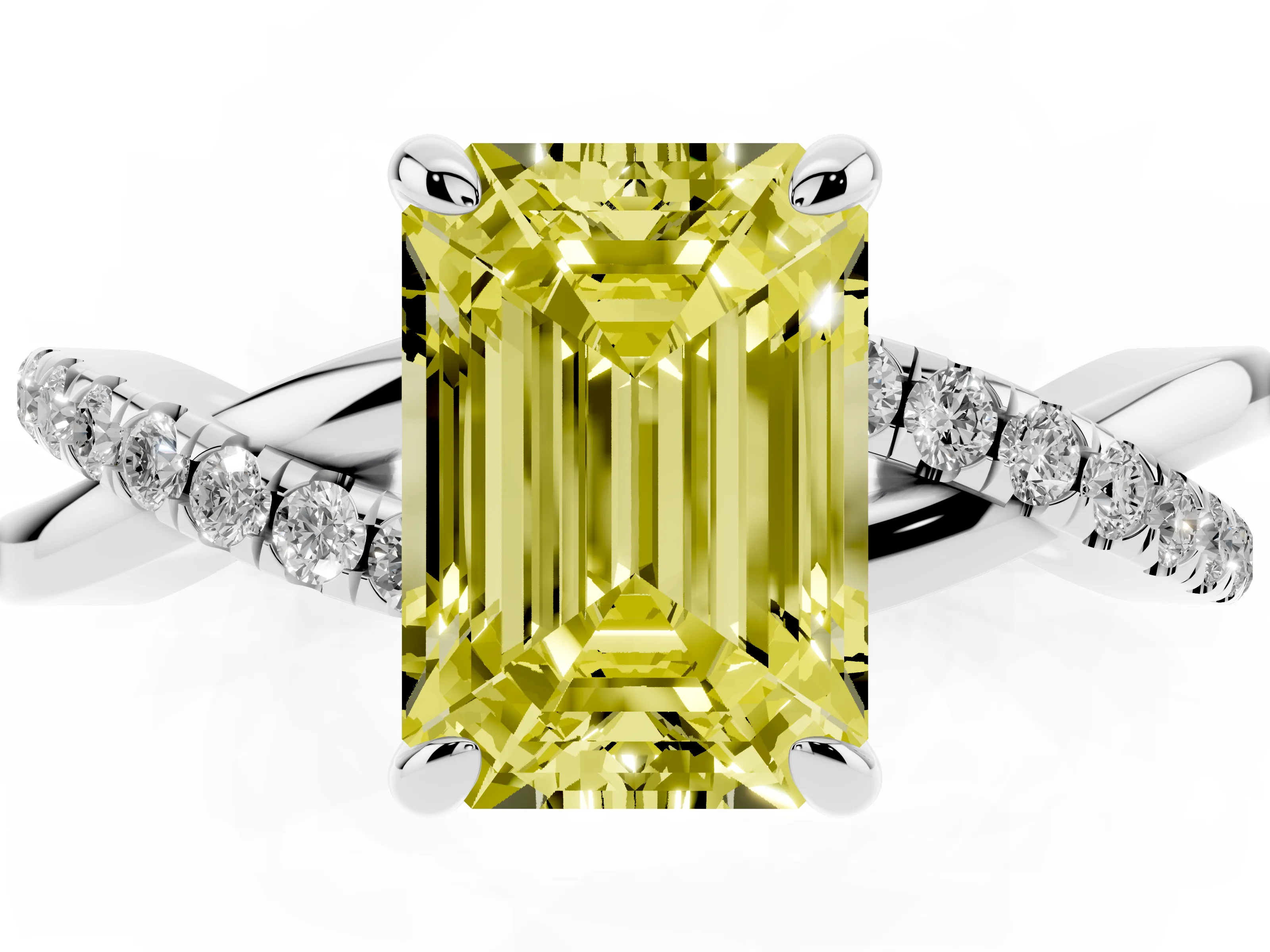 Fancy Yellow Emerald Cut Diamond Twist Band Solitaire Set in White gold with Pavé Accents and Prong Setting