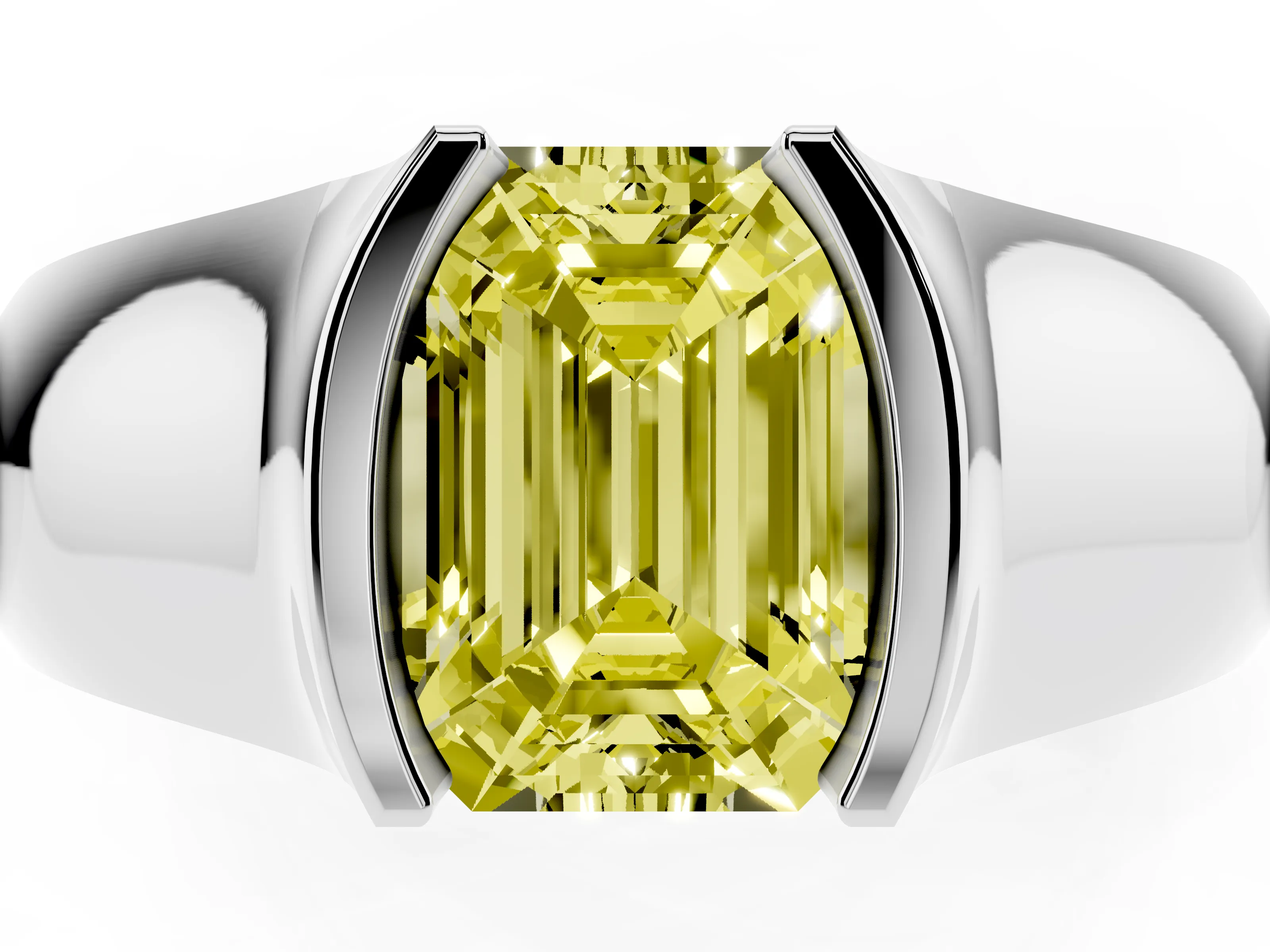 Fancy Yellow Emerald Cut Diamond Bezel Solitaire Ring Set in Silver with Wide Band