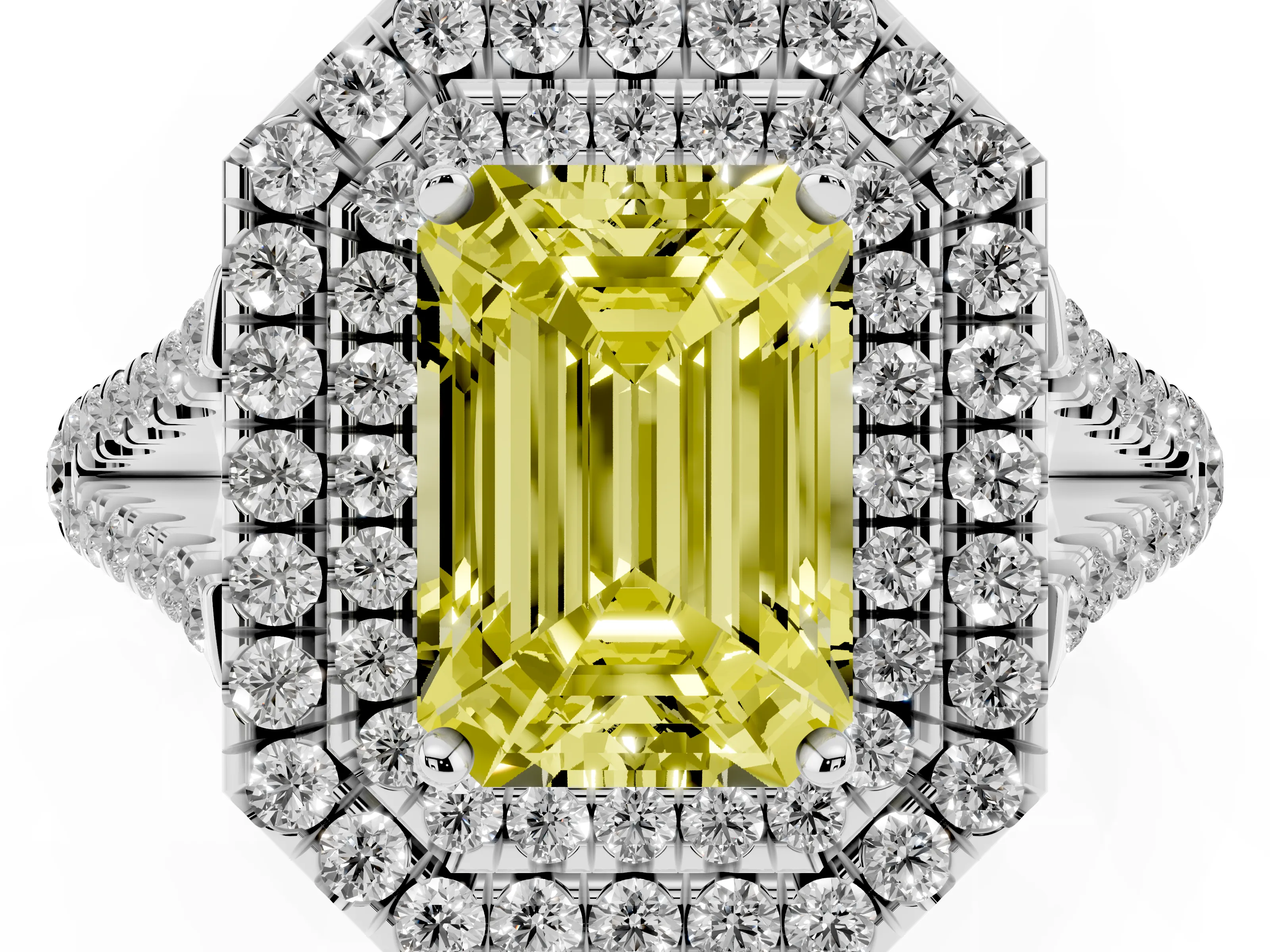 Fancy Yellow Emerald Cut Diamond Double Halo Ring Set in Silver with Pavé Band
